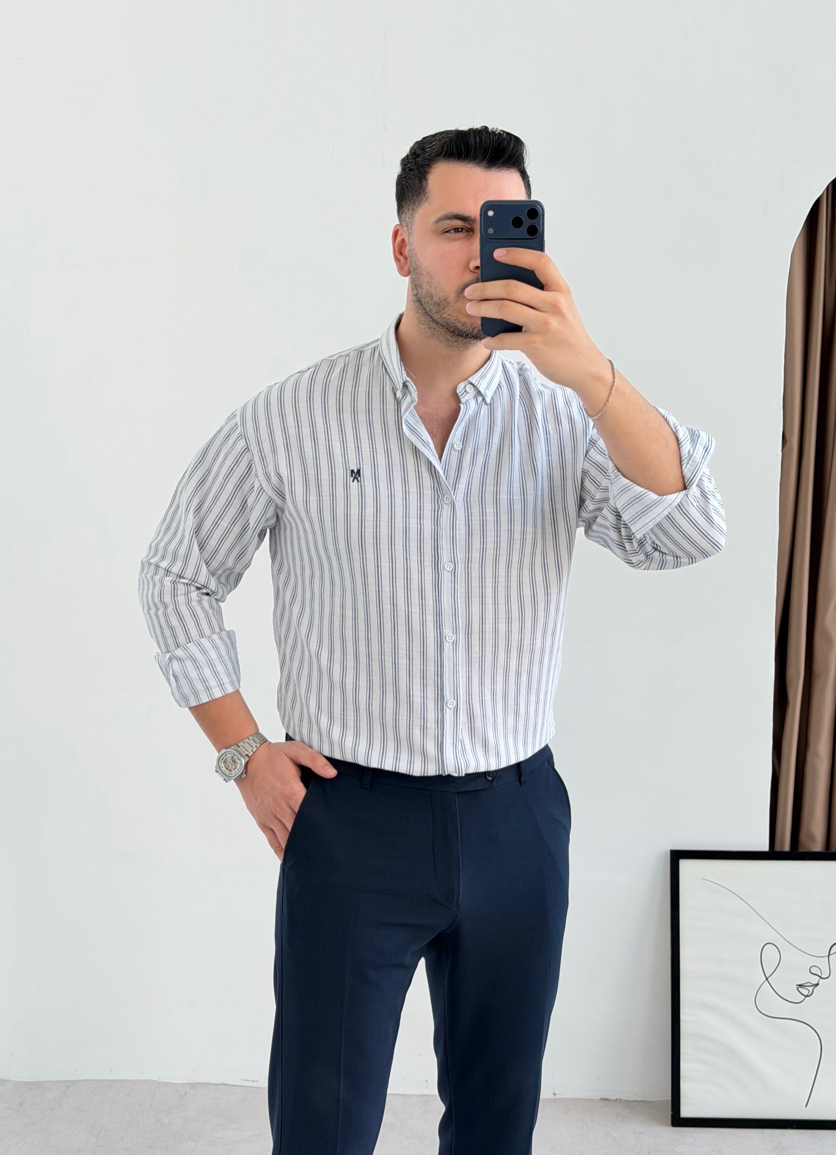 Majou Beyaz Çizgili Oversize Gömlek