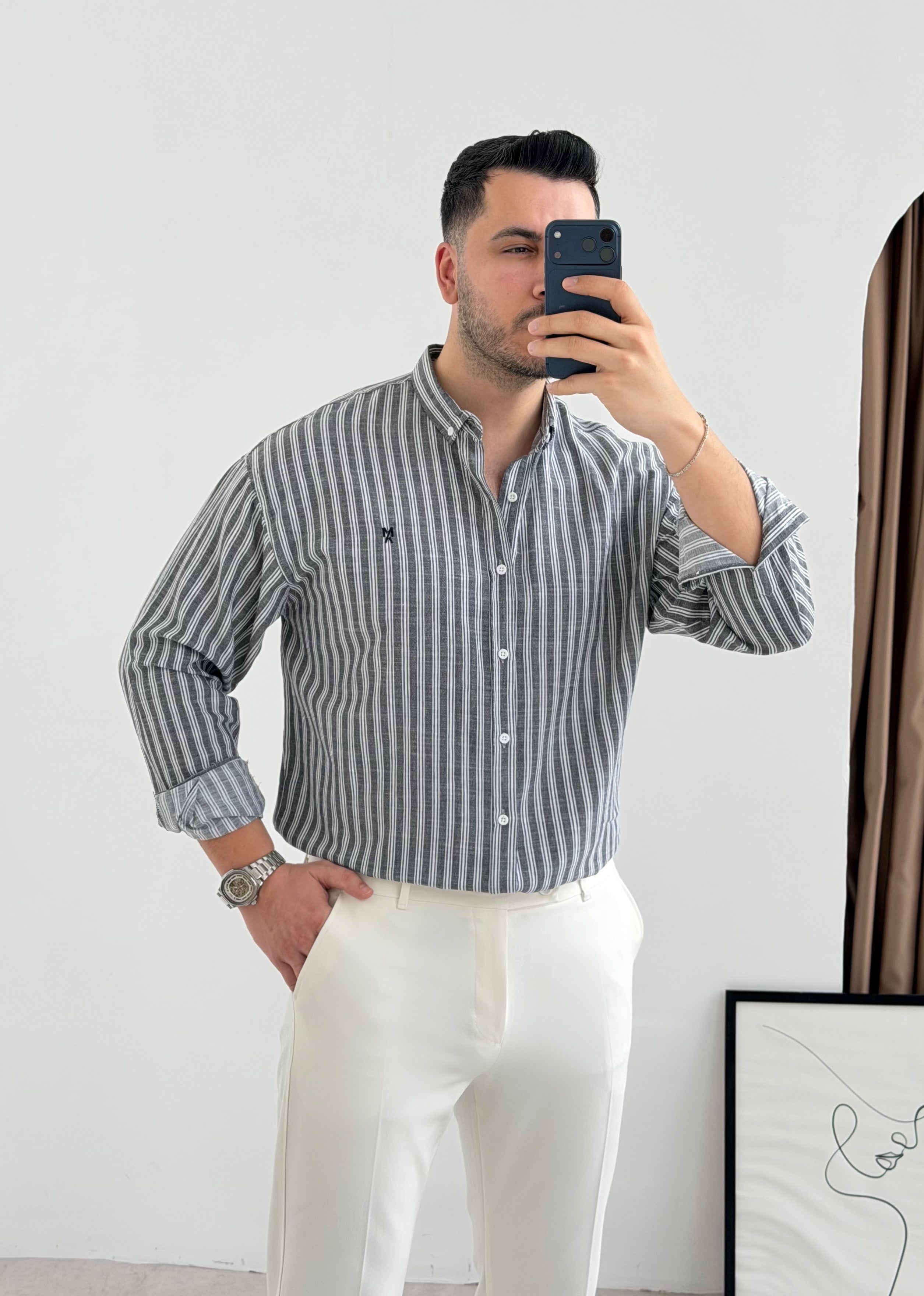 Majou Gri Çizgili Oversize Gömlek