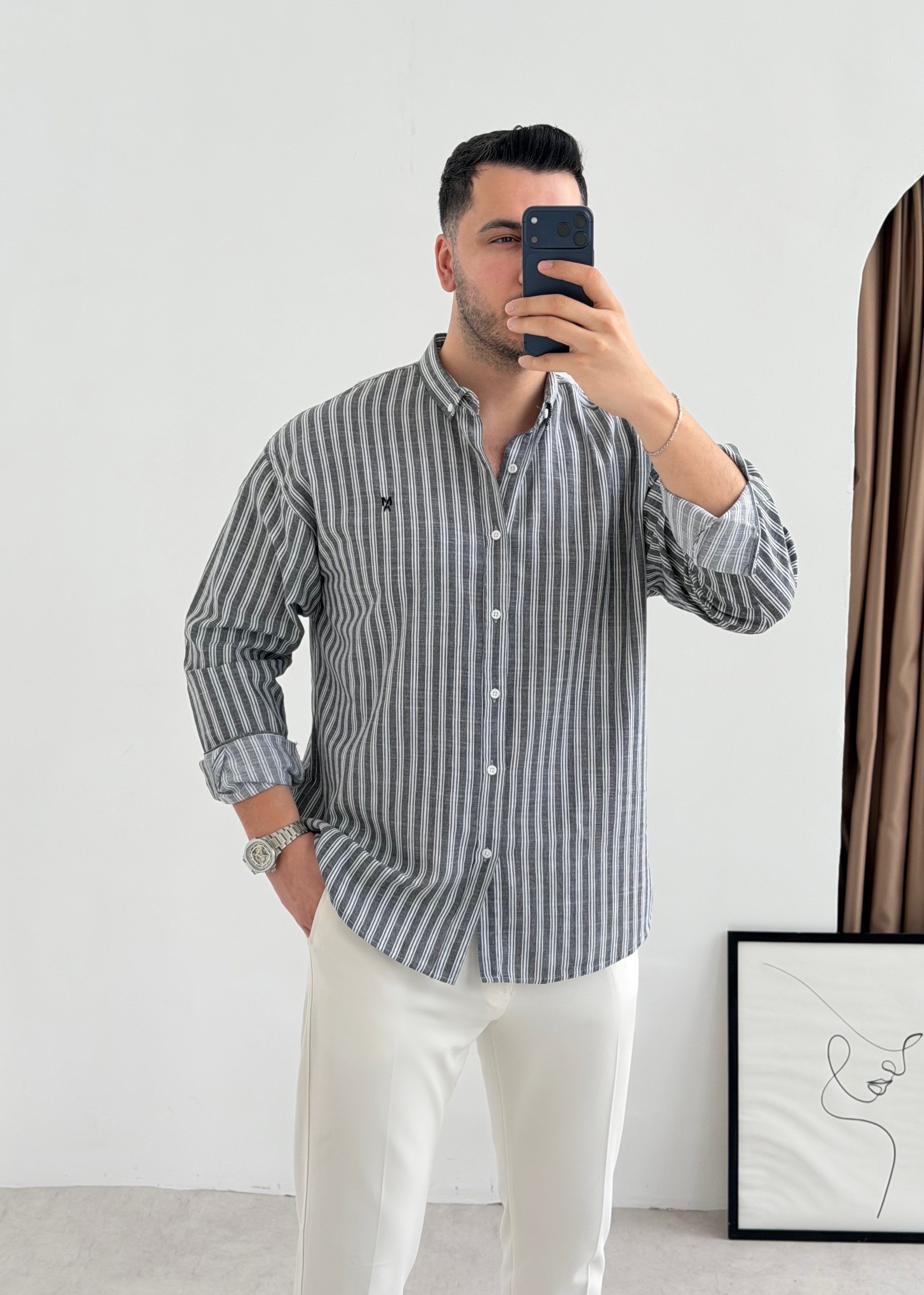 Majou Gri Çizgili Oversize Gömlek