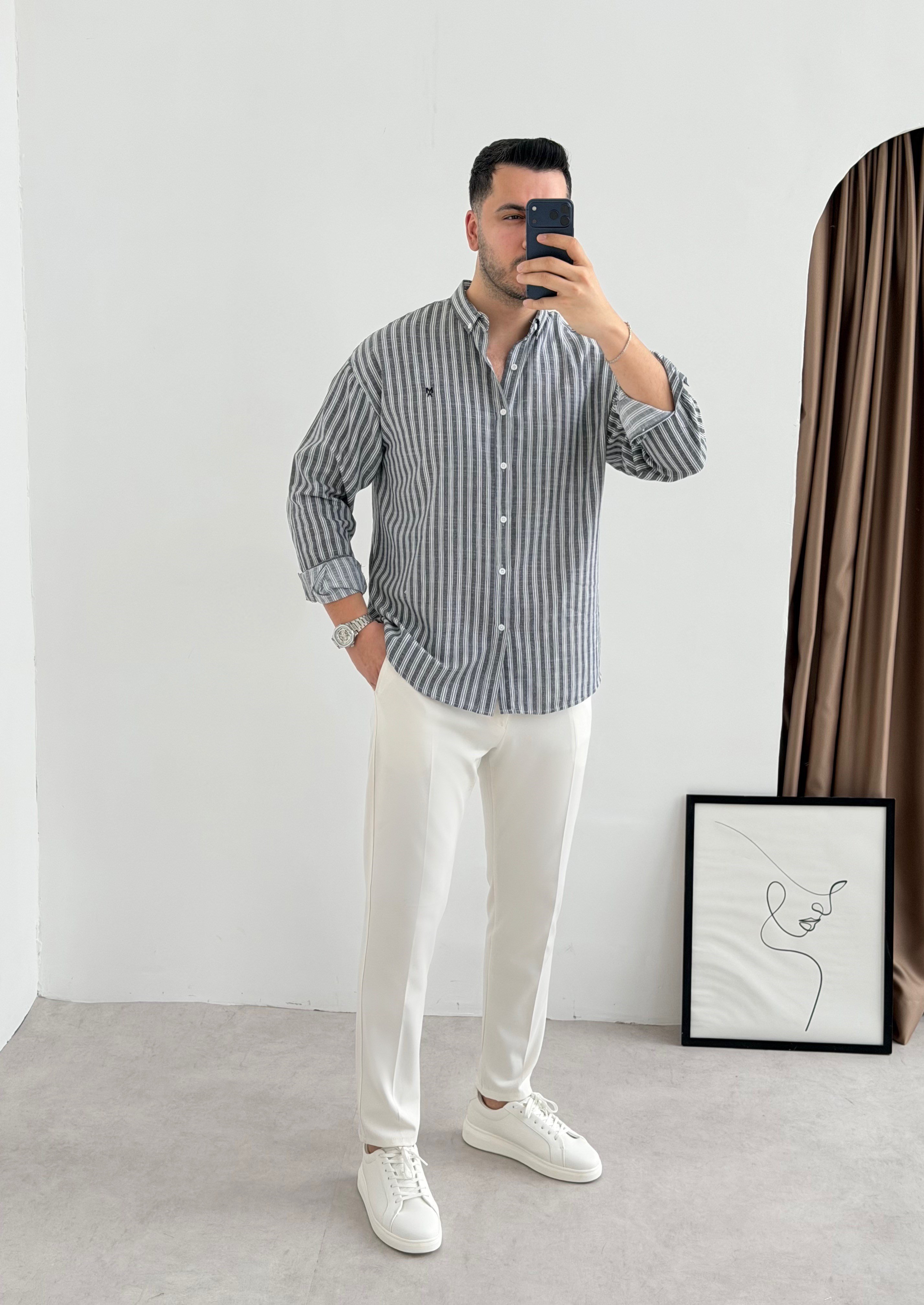 Majou Gri Çizgili Oversize Gömlek