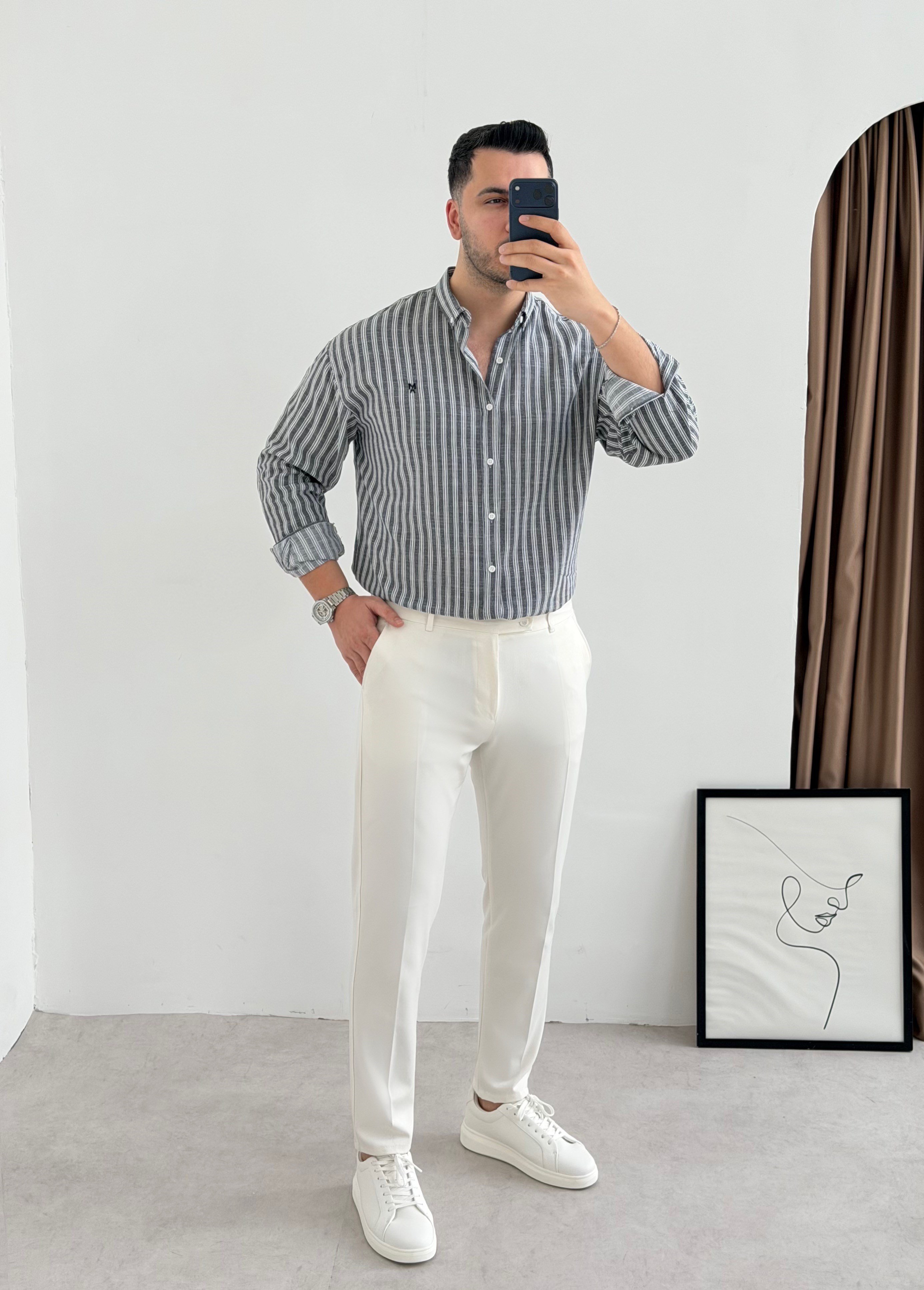 Majou Gri Çizgili Oversize Gömlek