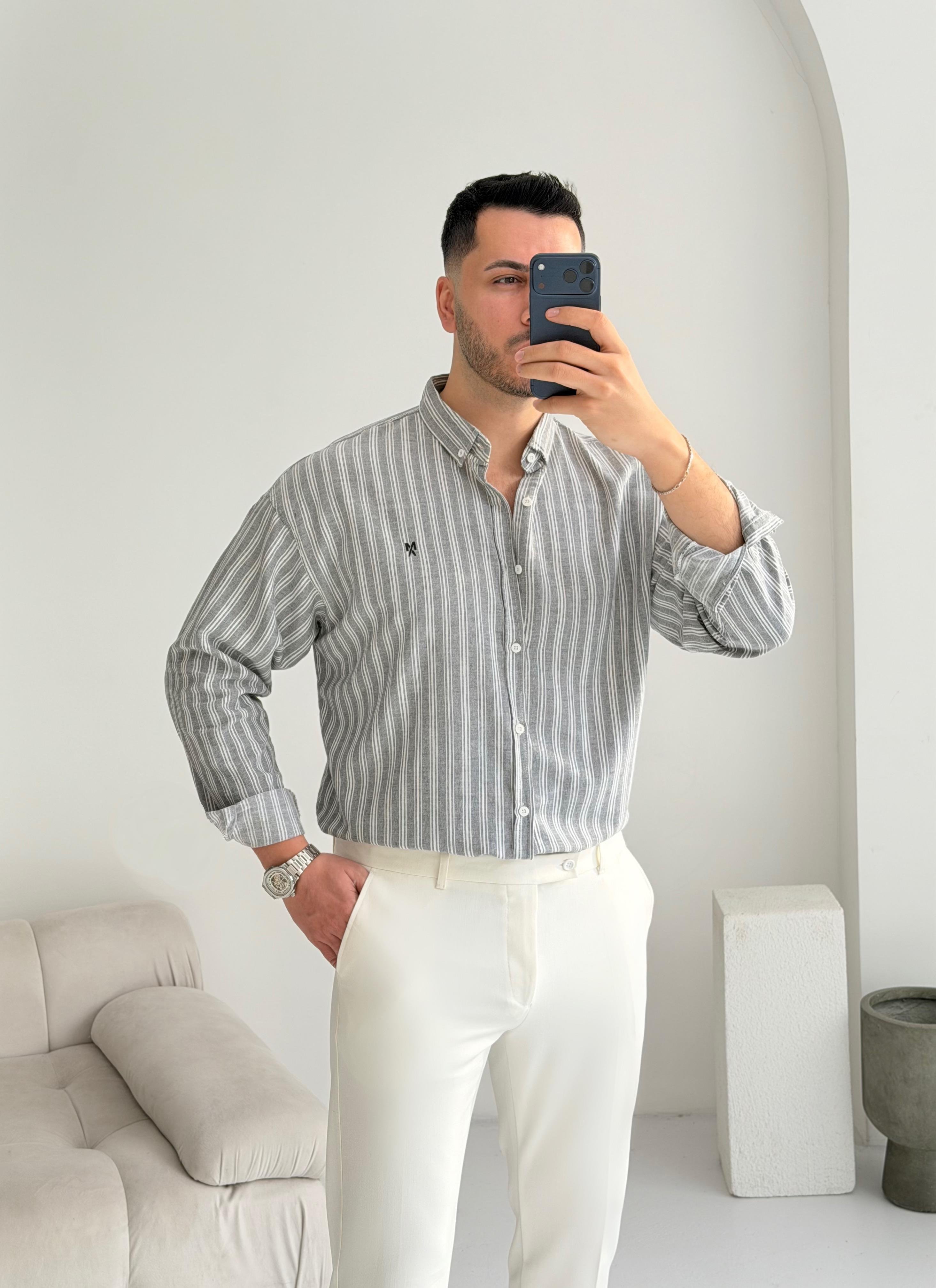 Majou Gri Çizgili Oversize Keten Gömlek 