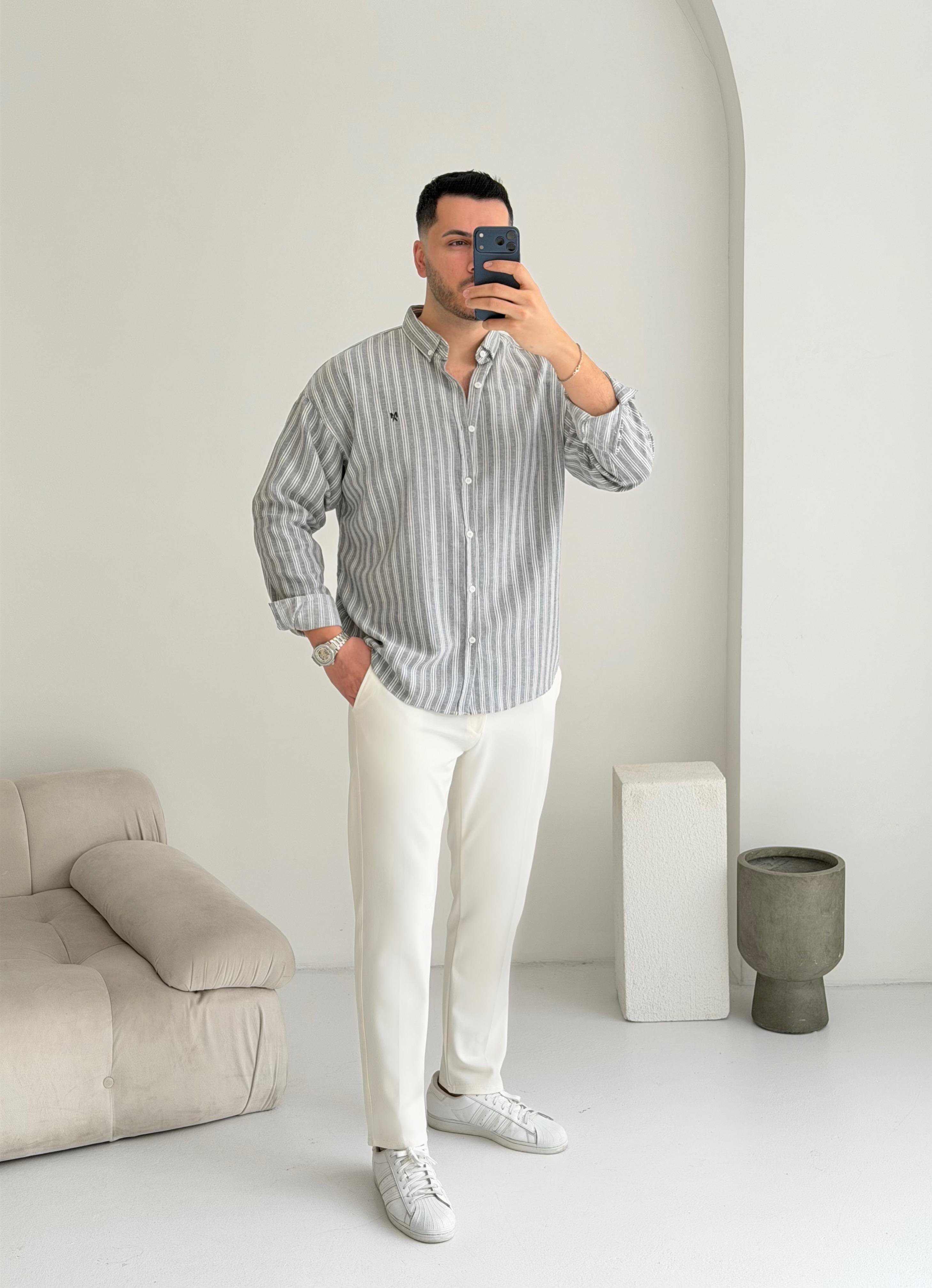 Majou Gri Çizgili Oversize Keten Gömlek 