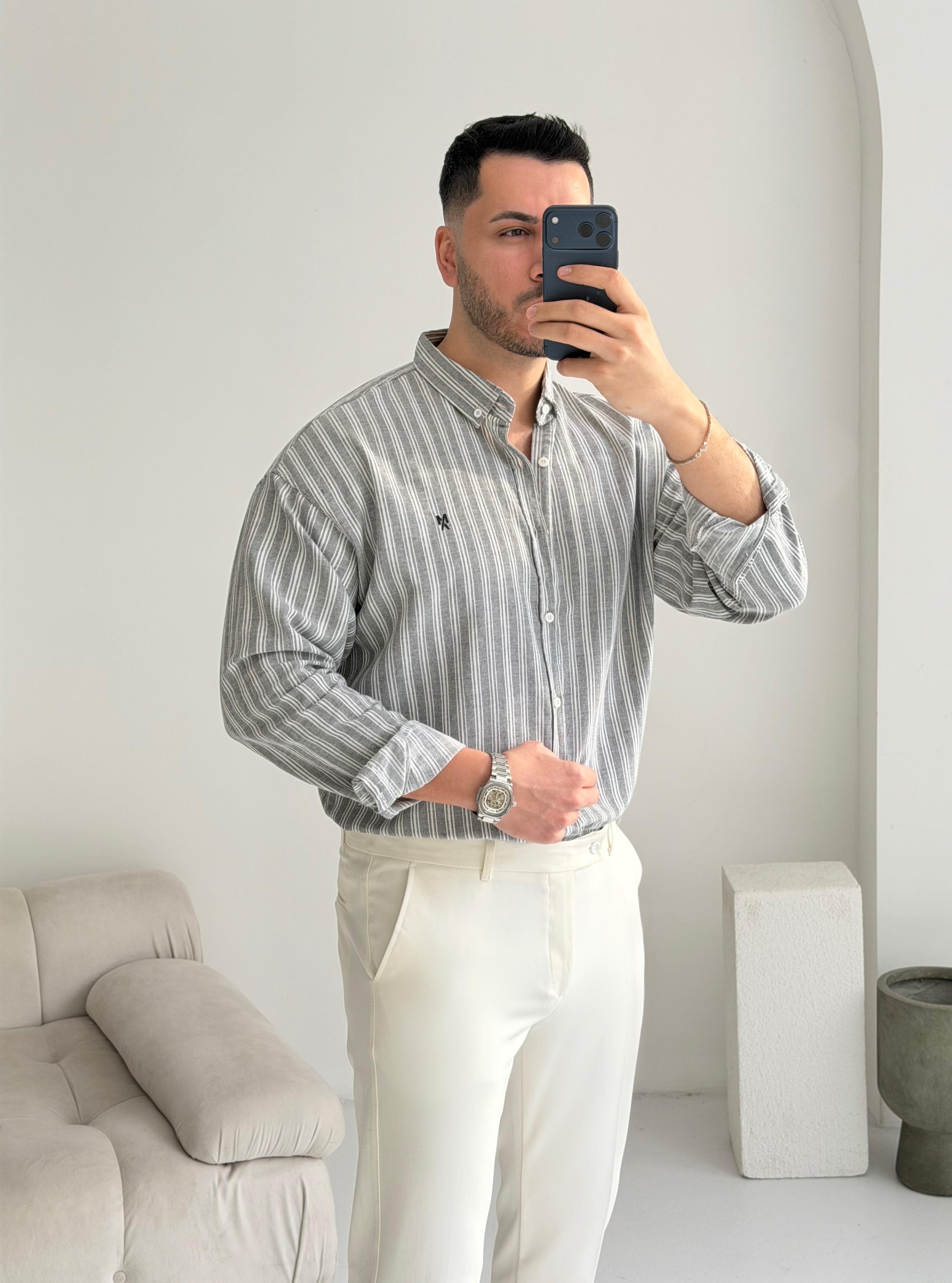 Majou Gri Çizgili Oversize Keten Gömlek 