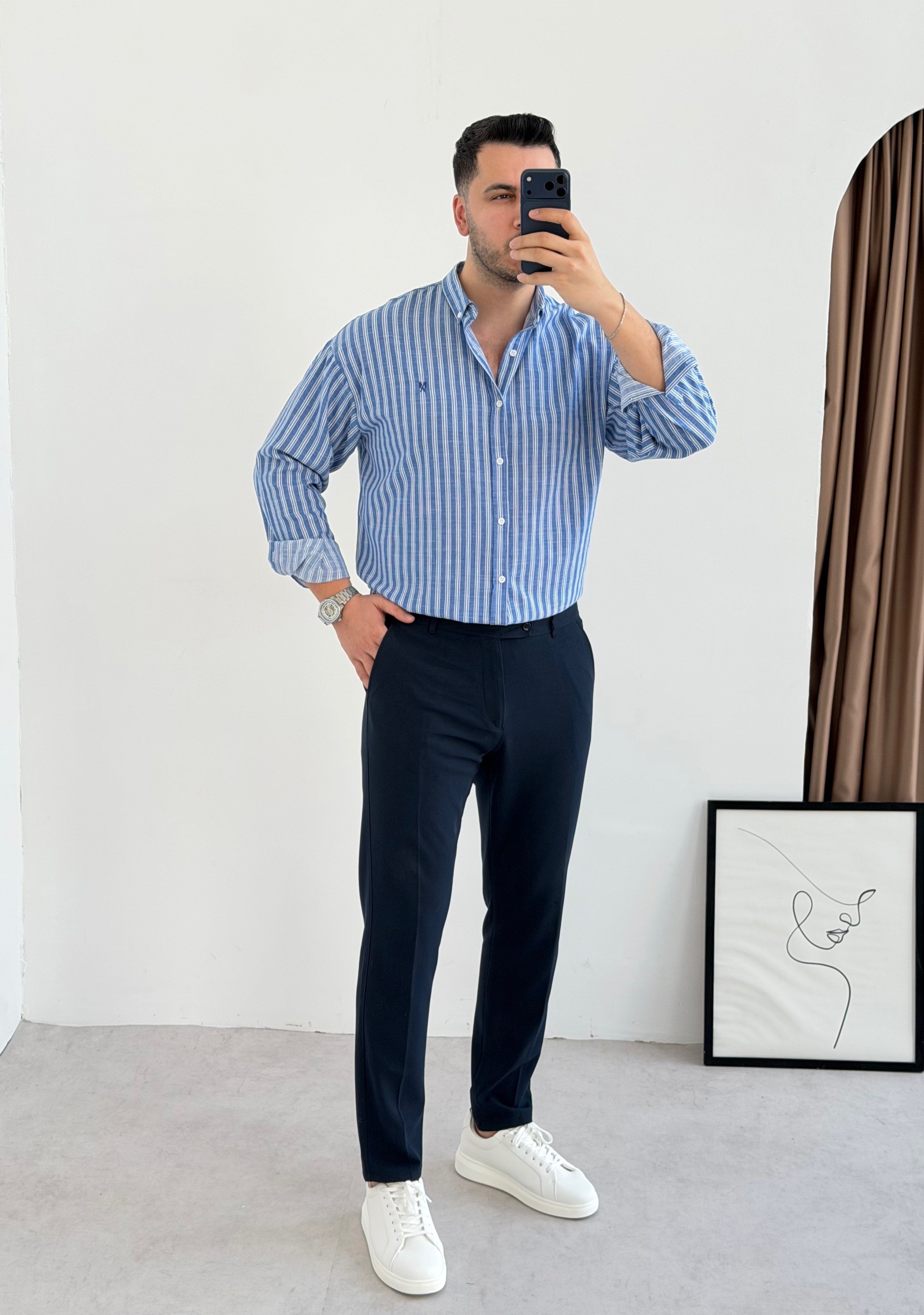 Majou Lacivert Çizgili Oversize Gömlek