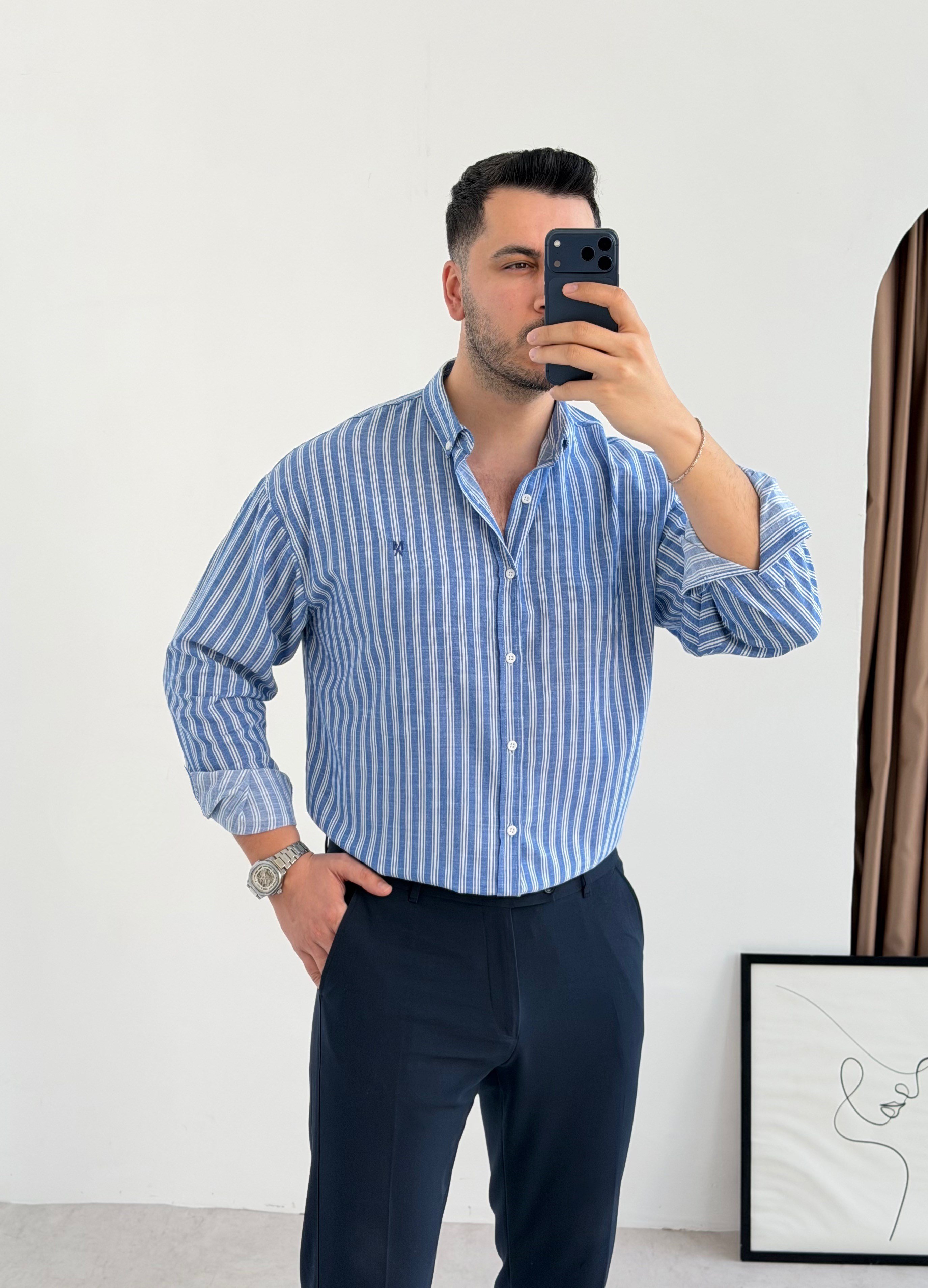 Majou Lacivert Çizgili Oversize Gömlek