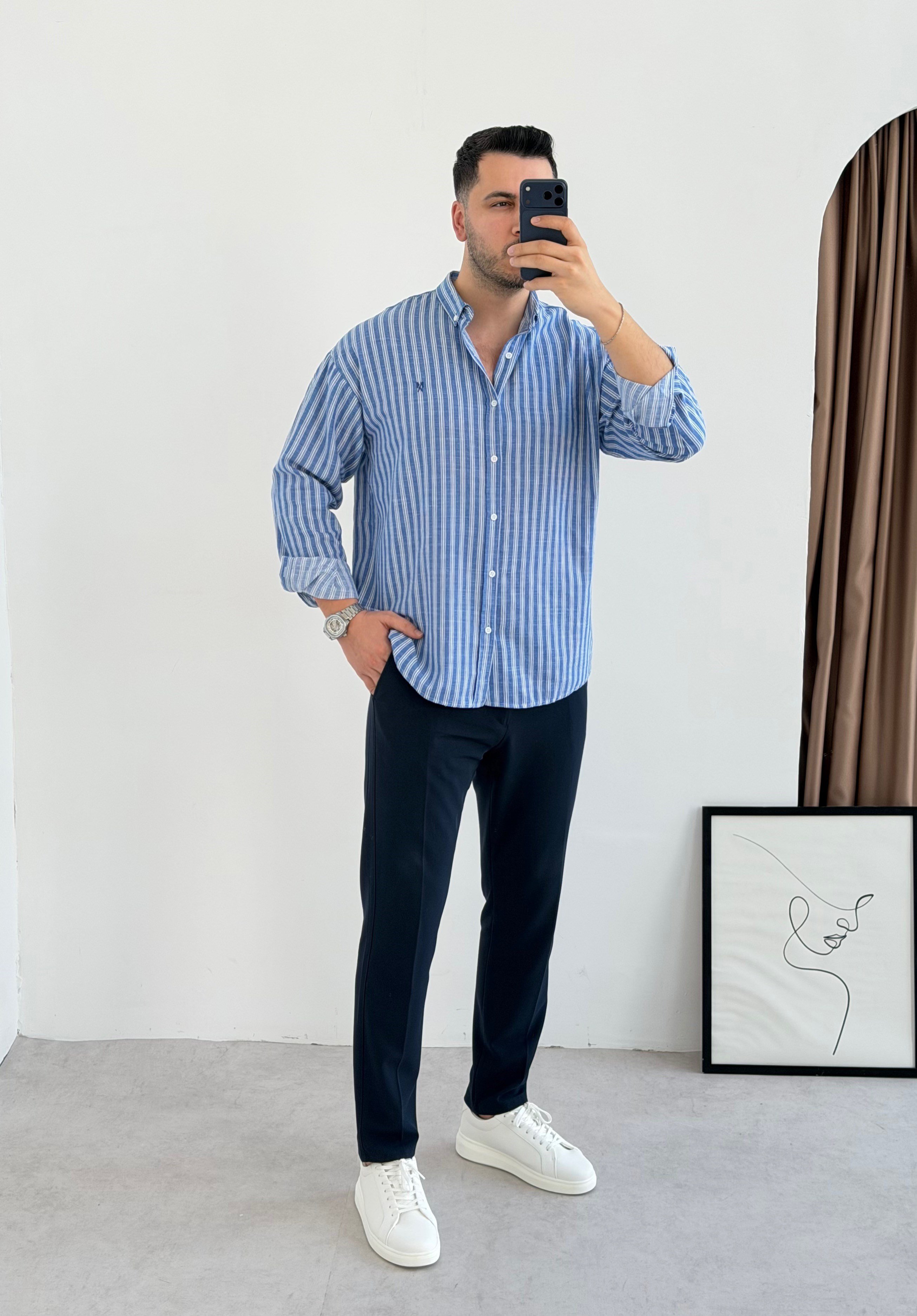 Majou Lacivert Çizgili Oversize Gömlek