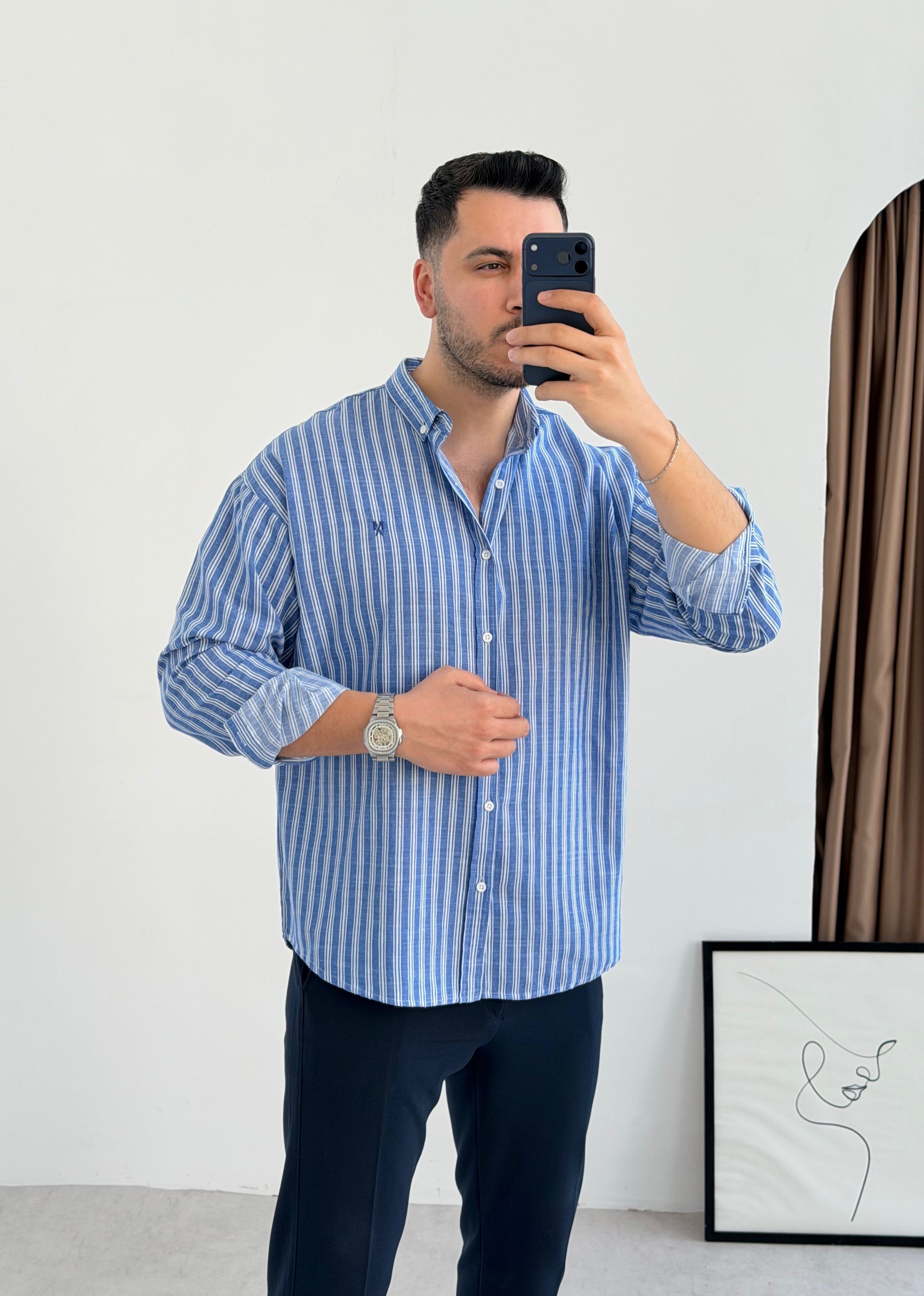 Majou Lacivert Çizgili Oversize Gömlek