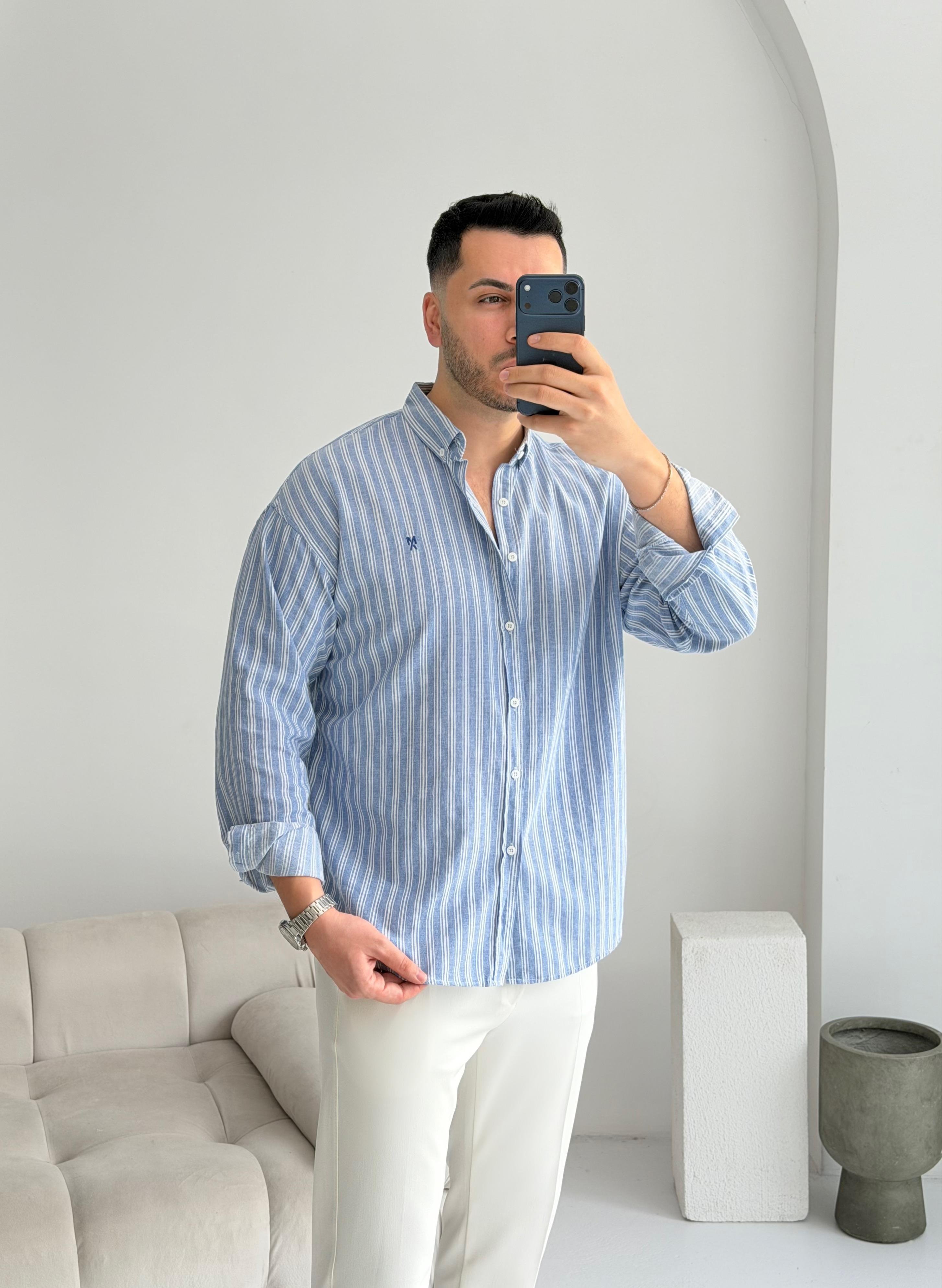 Majou Lacivert Çizgili Oversize Keten Gömlek 