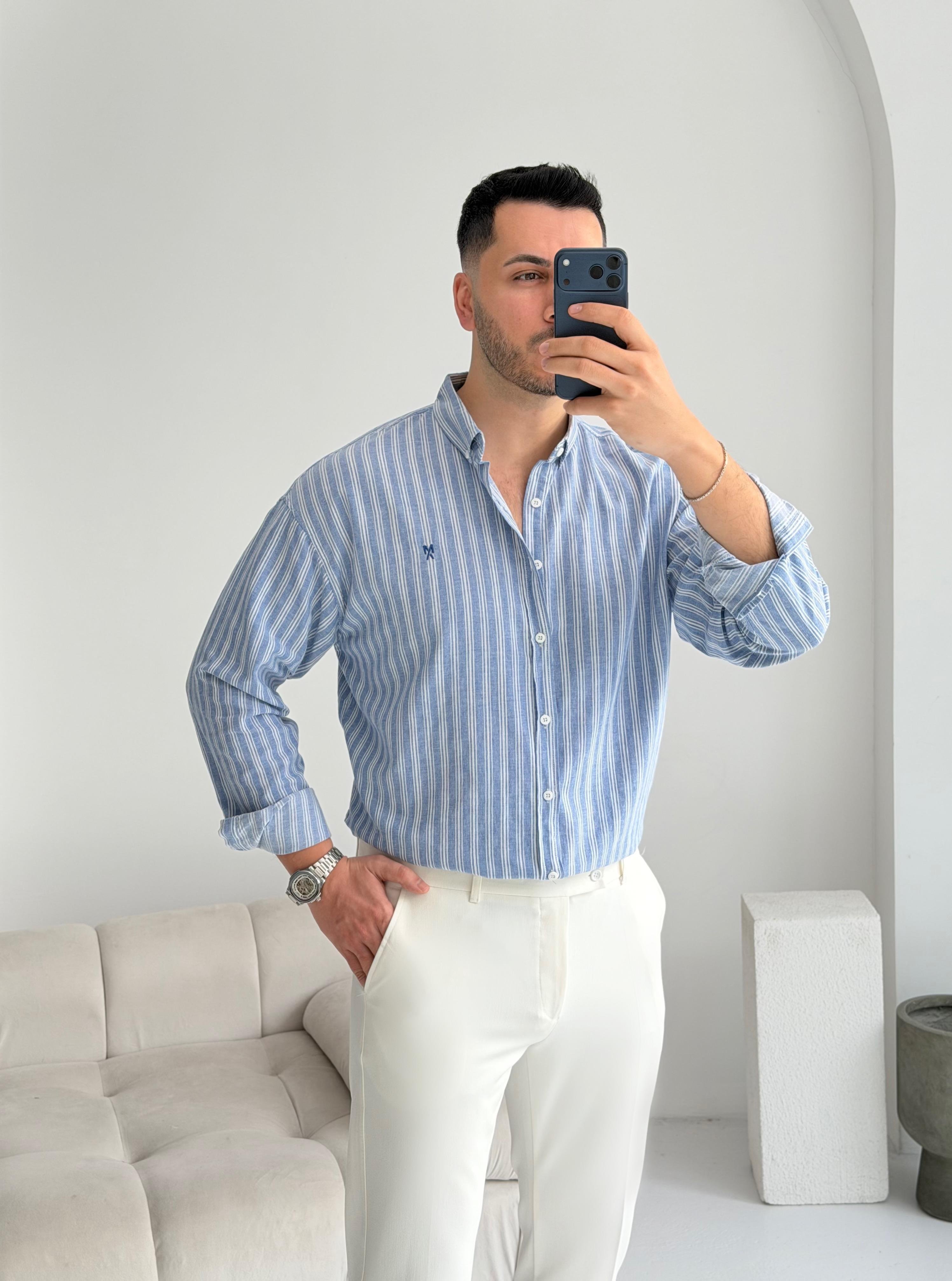 Majou Lacivert Çizgili Oversize Keten Gömlek 