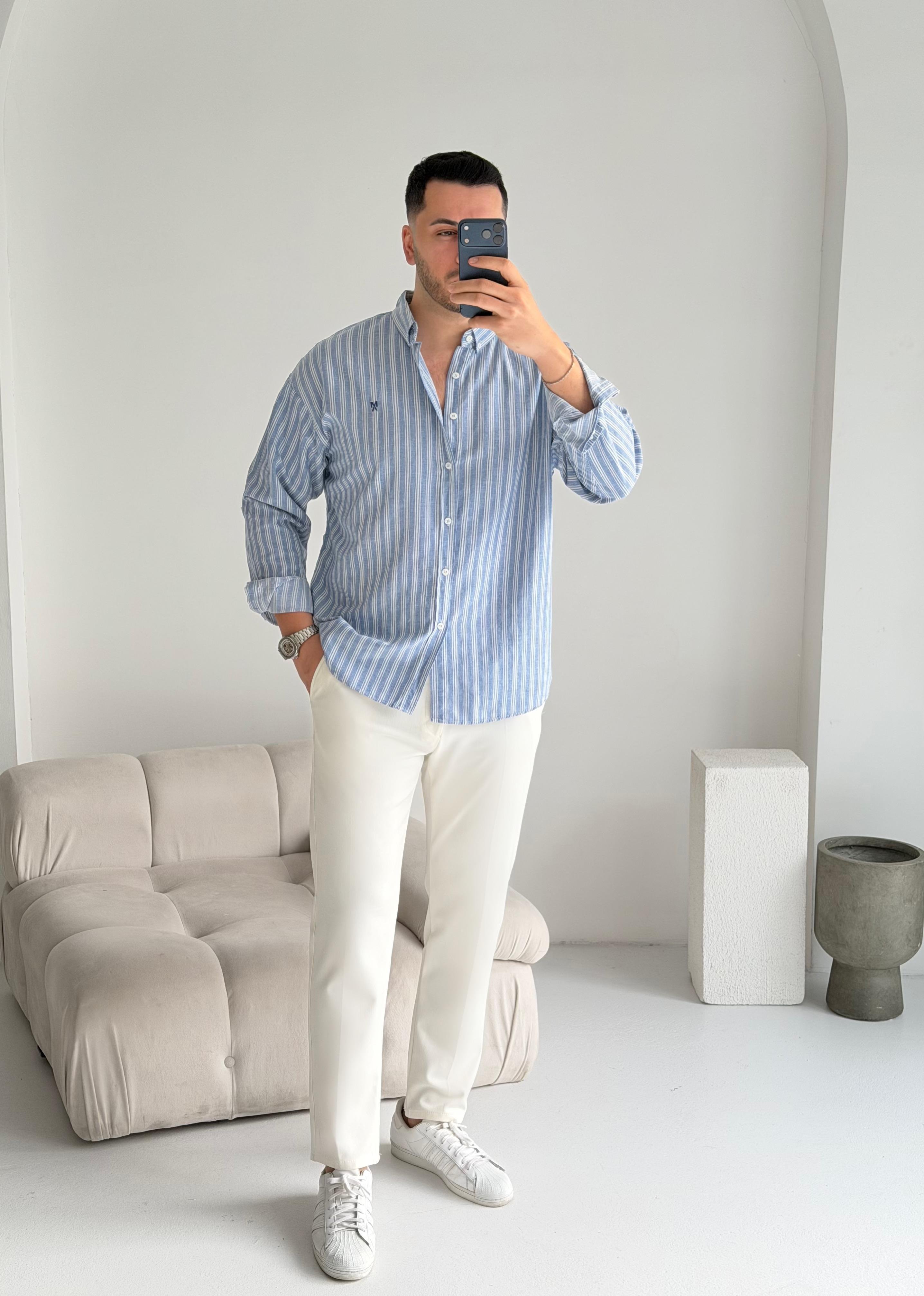 Majou Lacivert Çizgili Oversize Keten Gömlek 