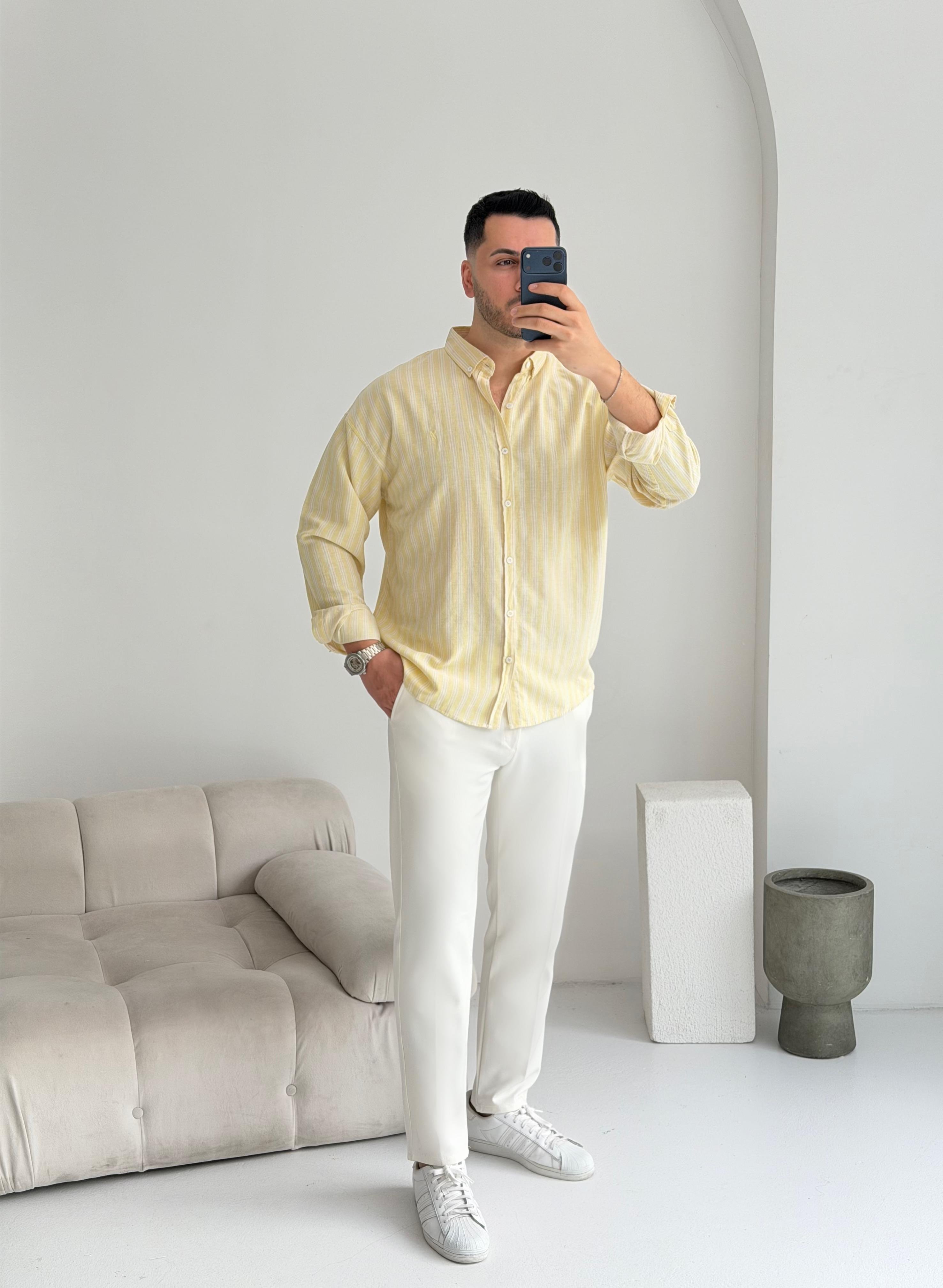 Majou Limon Sarısı Çizgili Oversize Keten Gömlek 