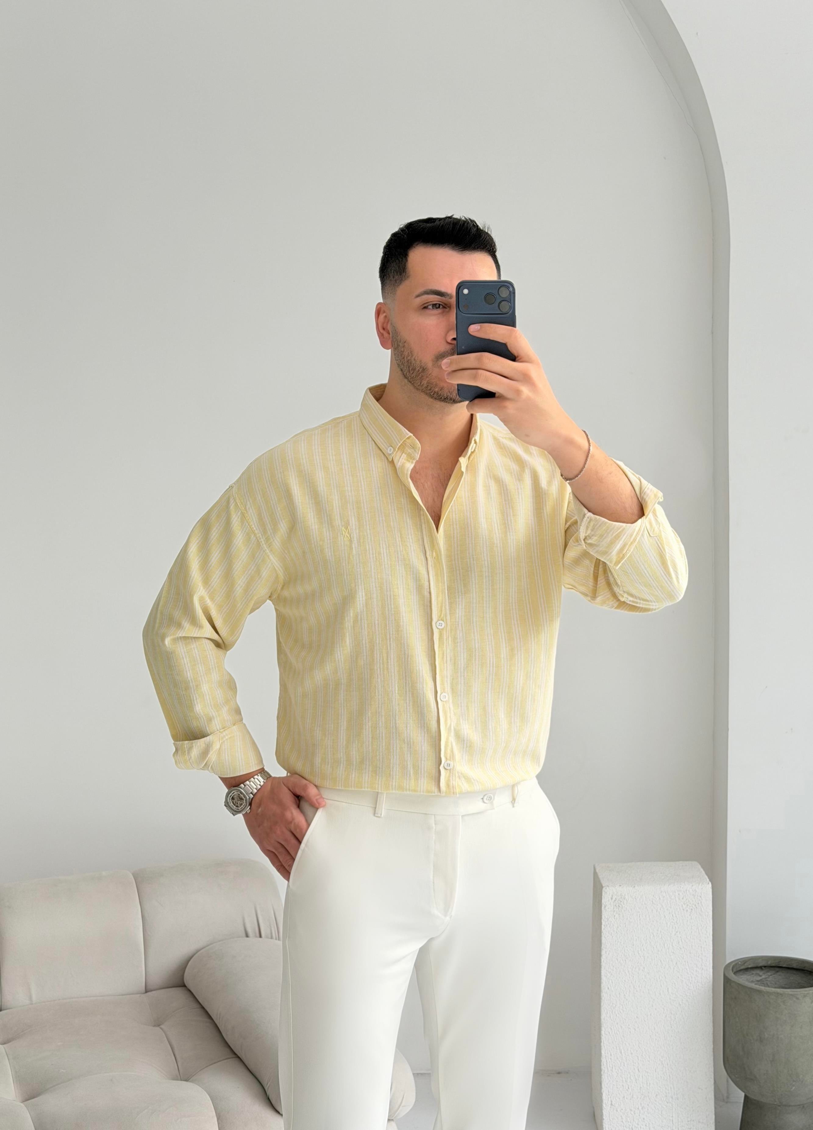 Majou Limon Sarısı Çizgili Oversize Keten Gömlek 