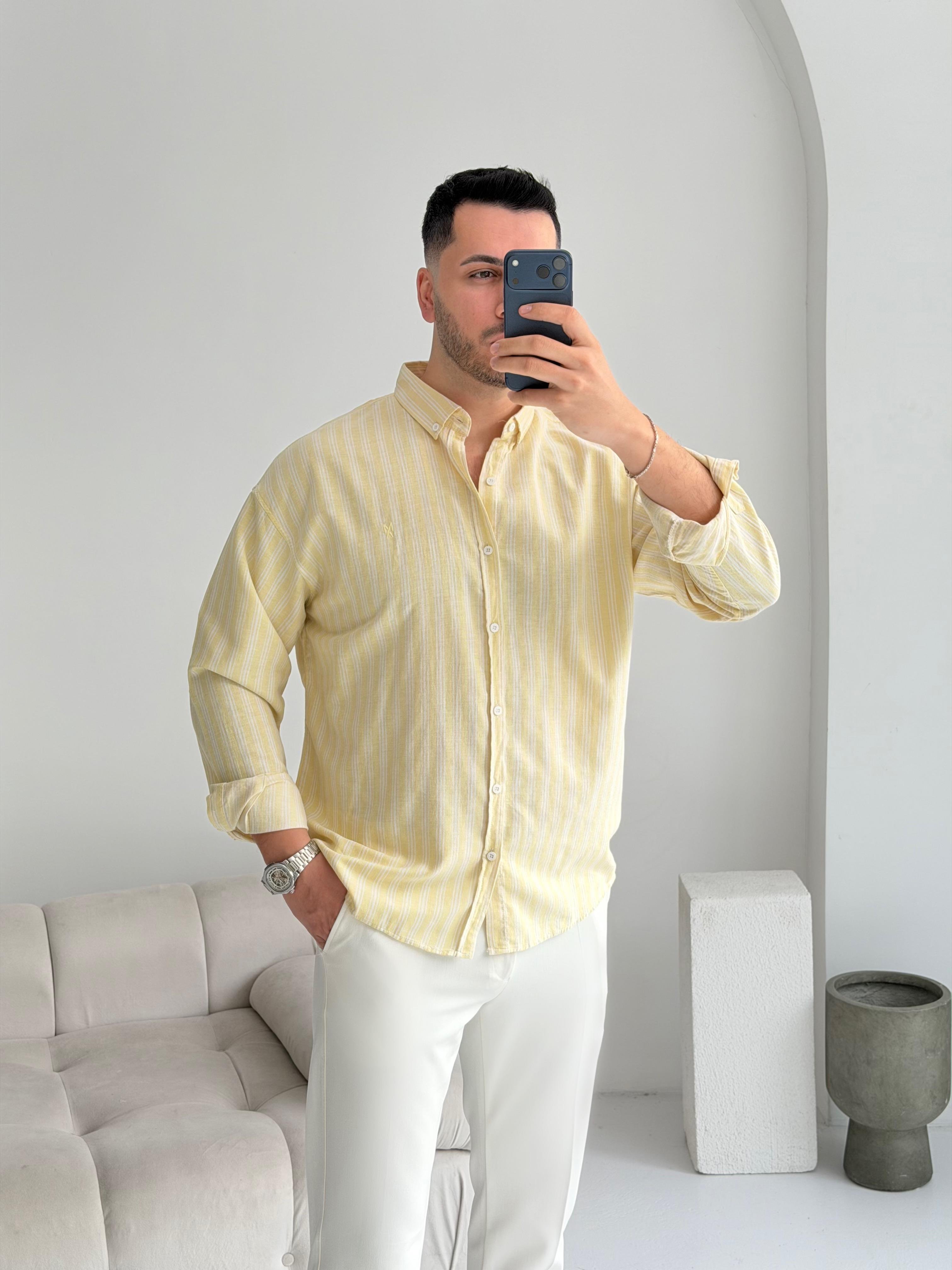 Majou Limon Sarısı Çizgili Oversize Keten Gömlek 