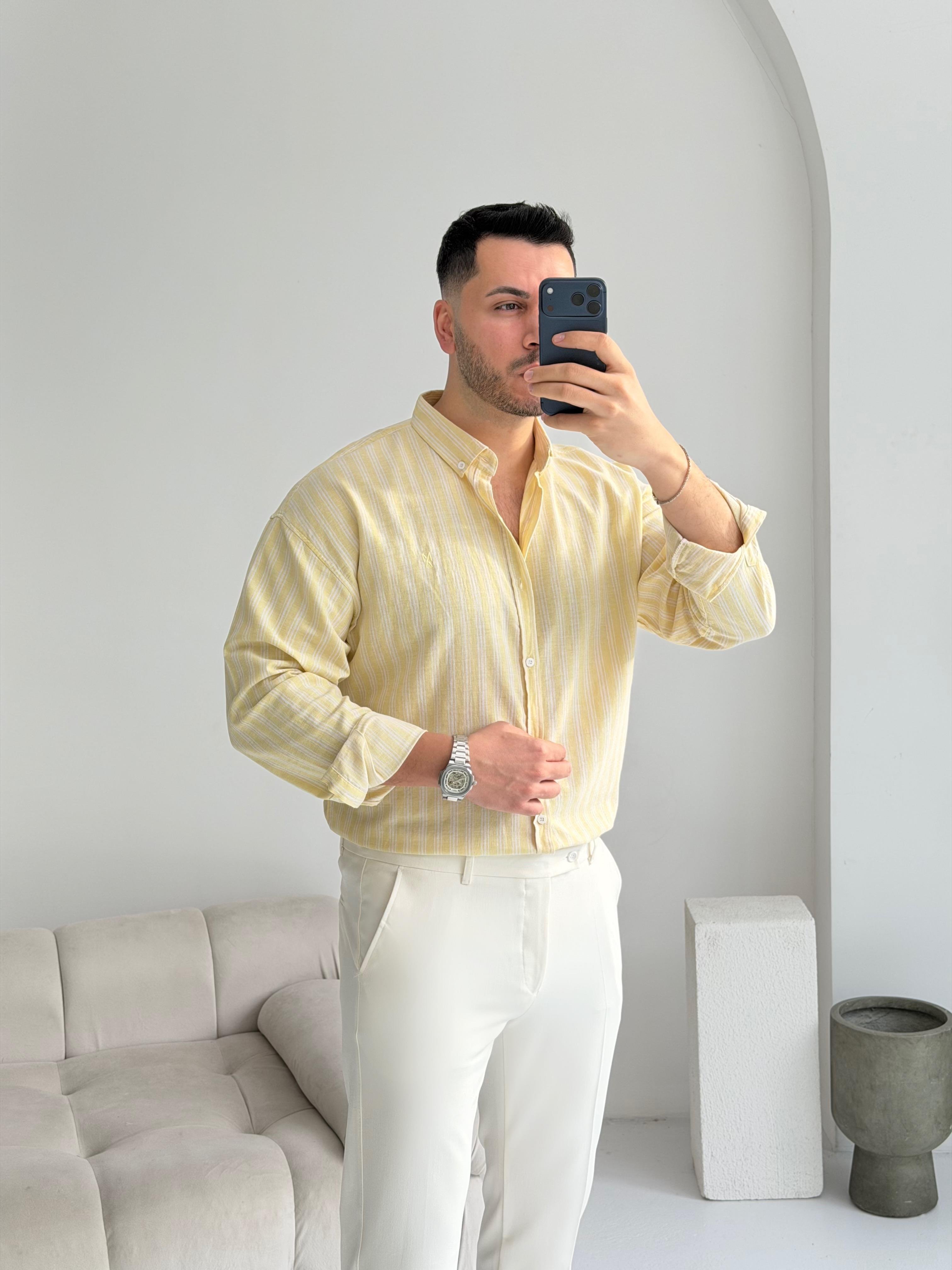 Majou Limon Sarısı Çizgili Oversize Keten Gömlek 