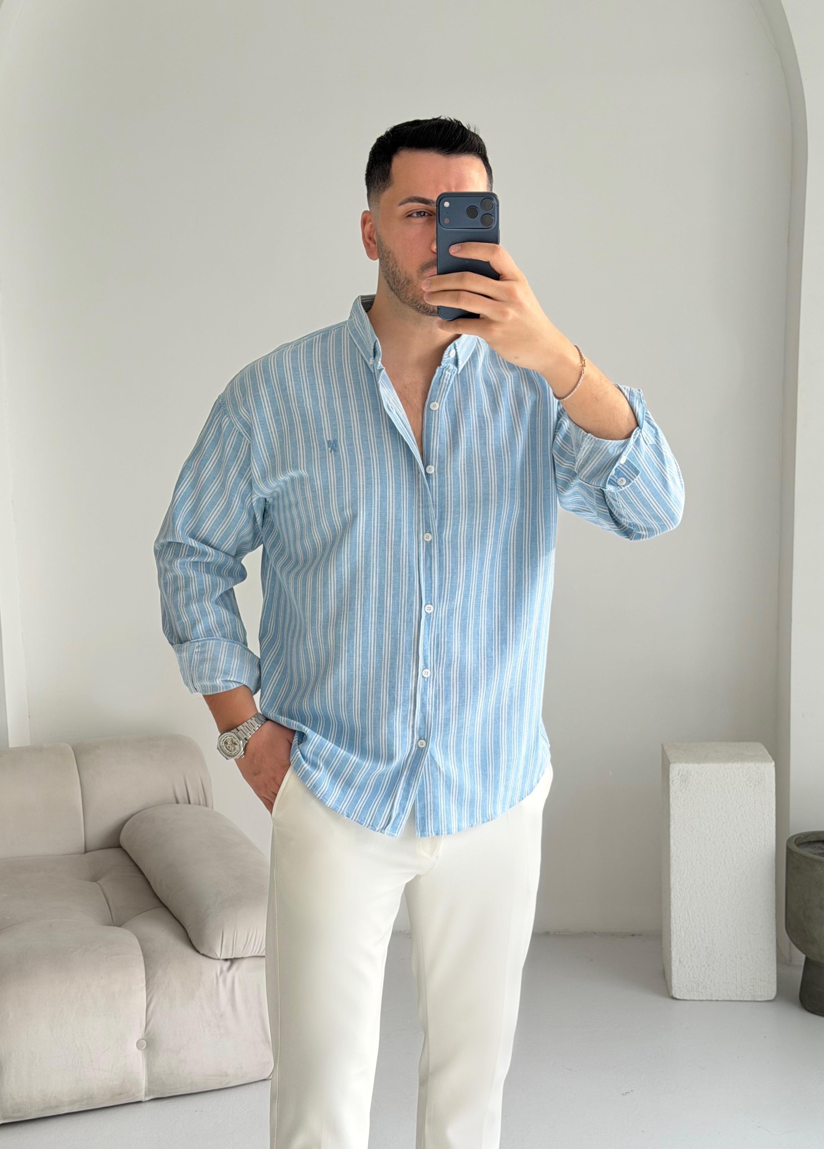 Majou Mavi Çizgili Oversize Keten Gömlek 
