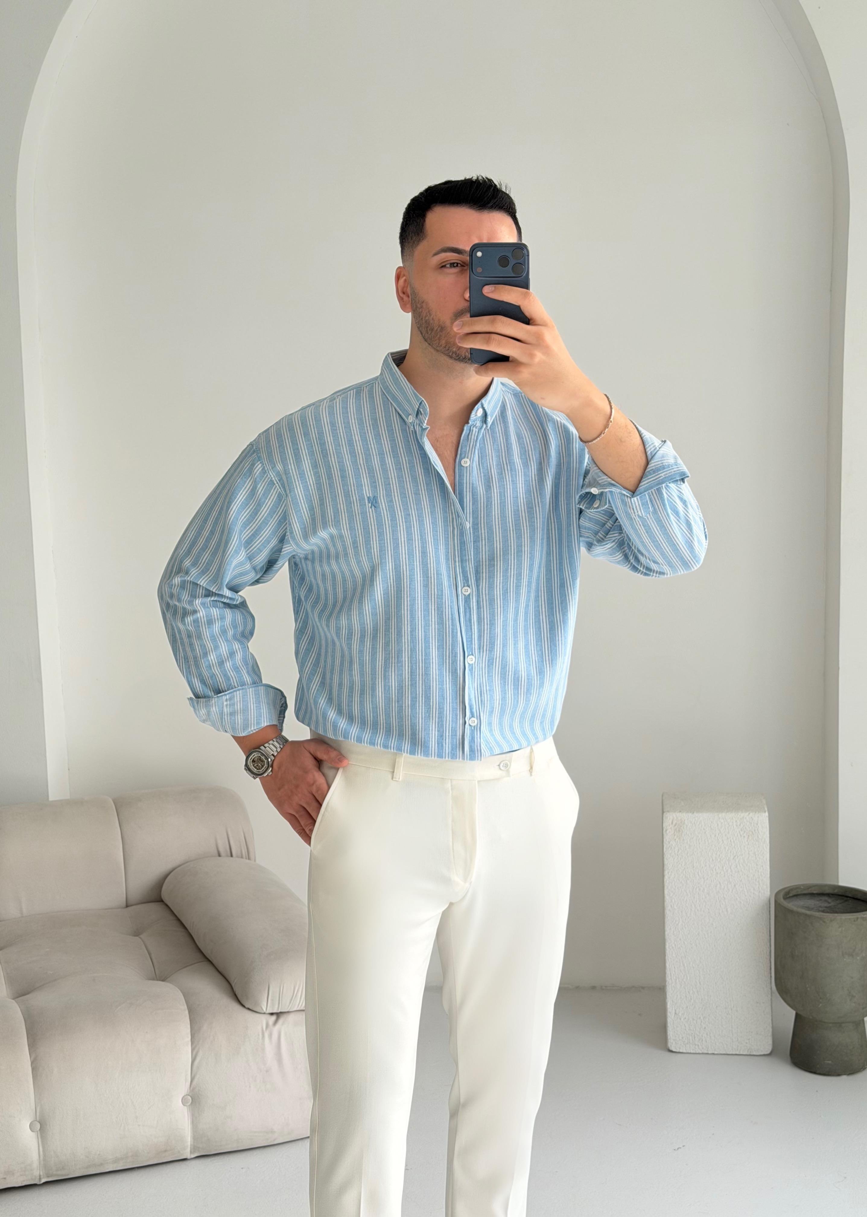 Majou Mavi Çizgili Oversize Keten Gömlek 