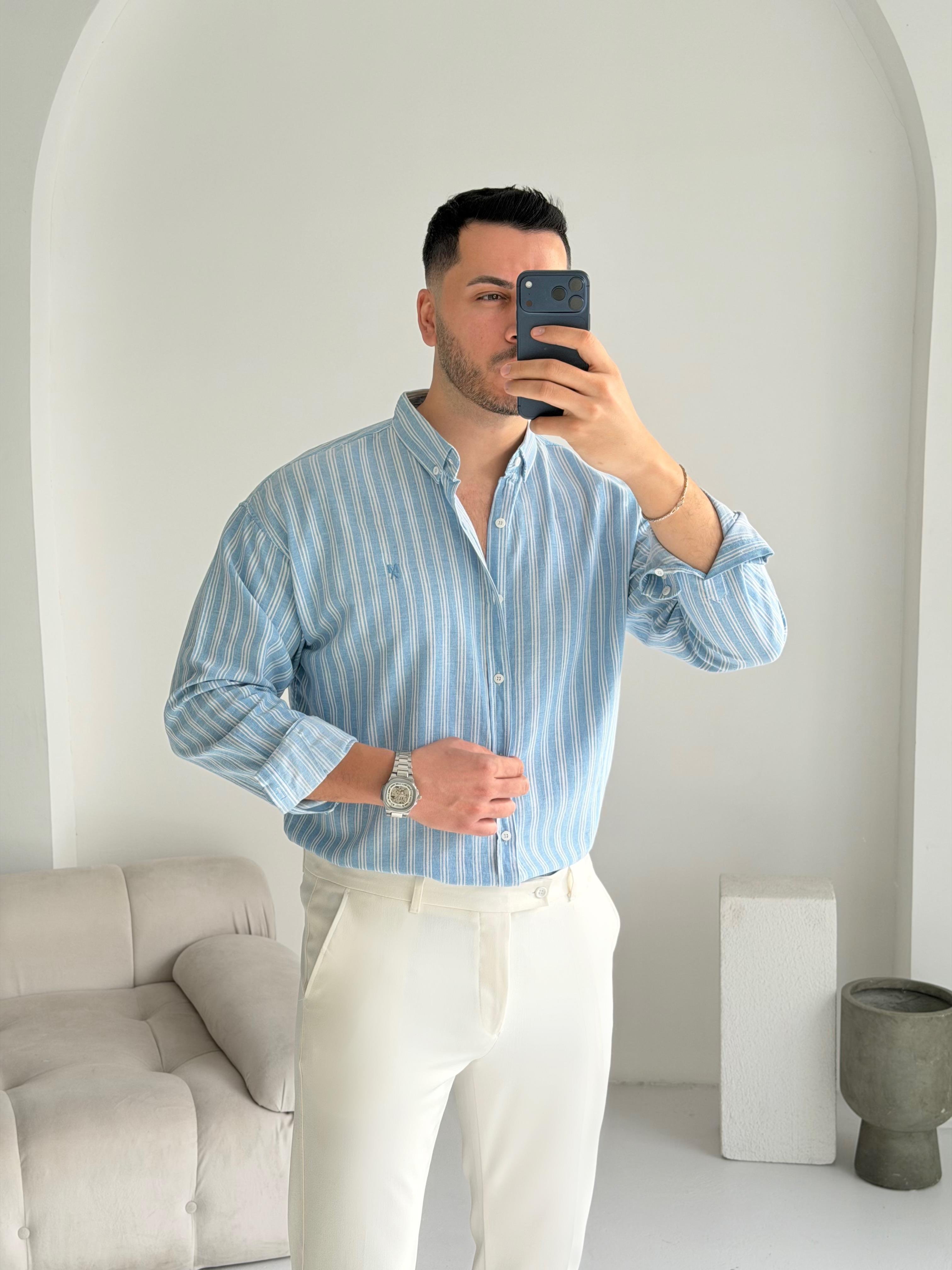Majou Mavi Çizgili Oversize Keten Gömlek 
