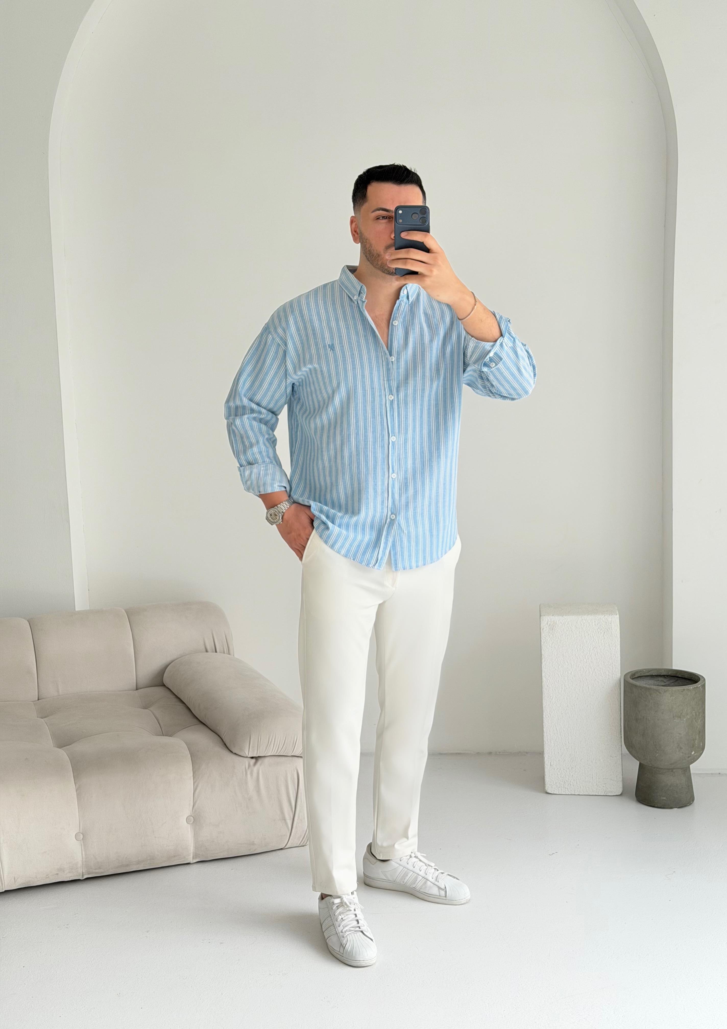 Majou Mavi Çizgili Oversize Keten Gömlek 
