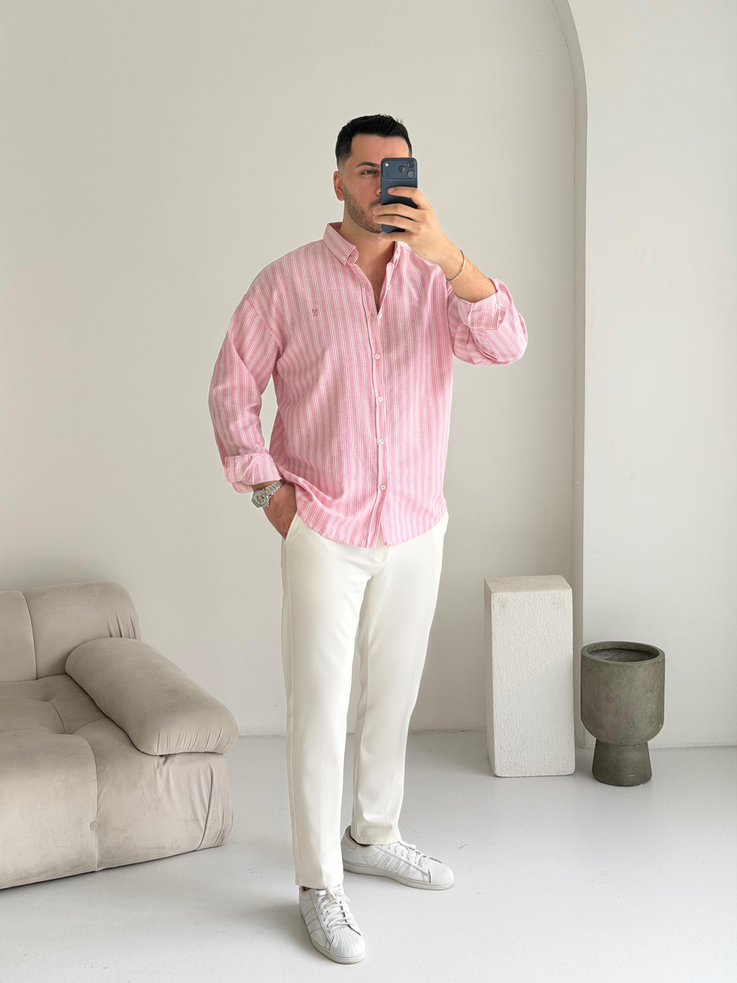 Majou Pudra Çizgili Oversize Keten Gömlek 