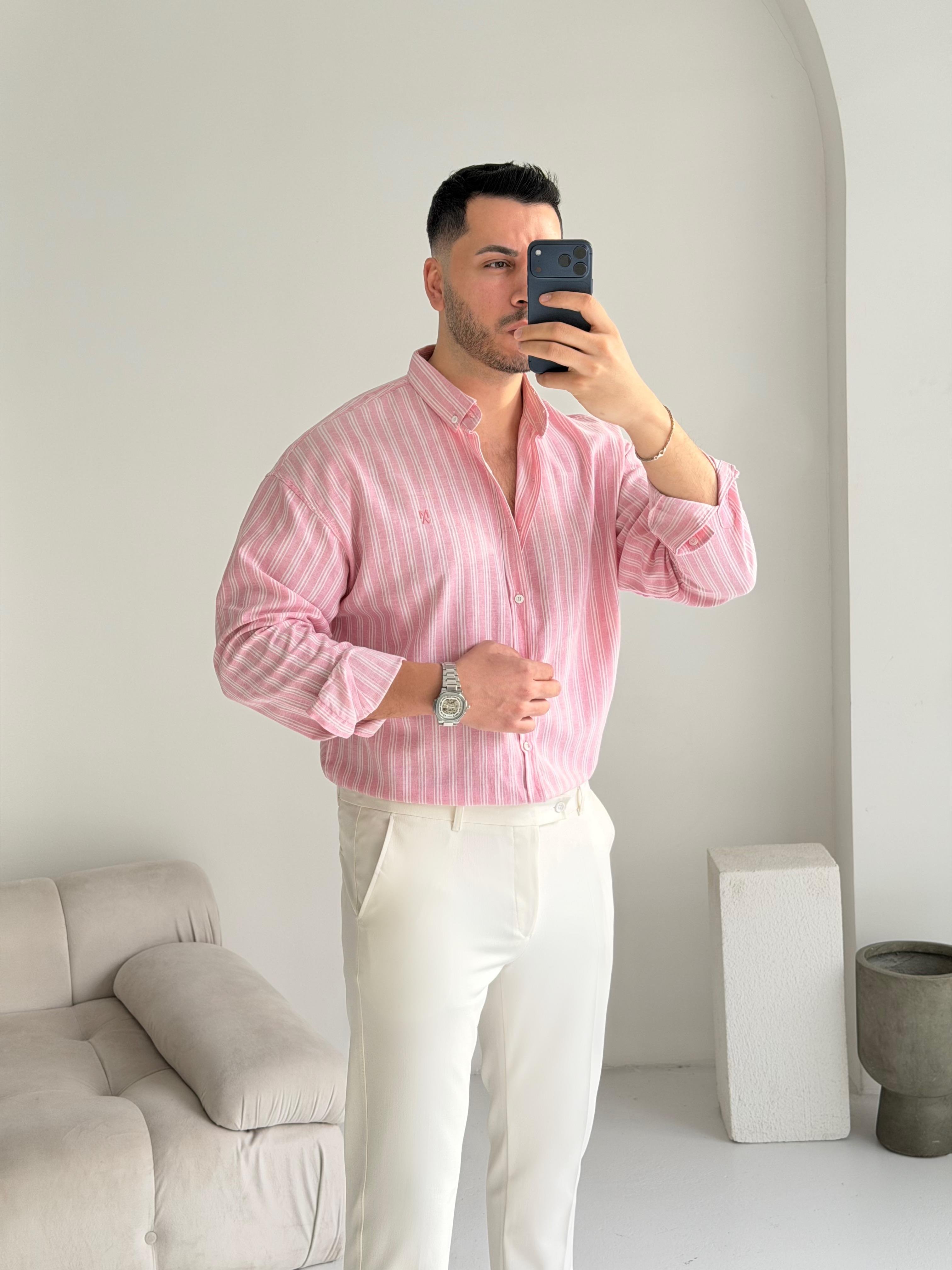 Majou Pudra Çizgili Oversize Keten Gömlek 