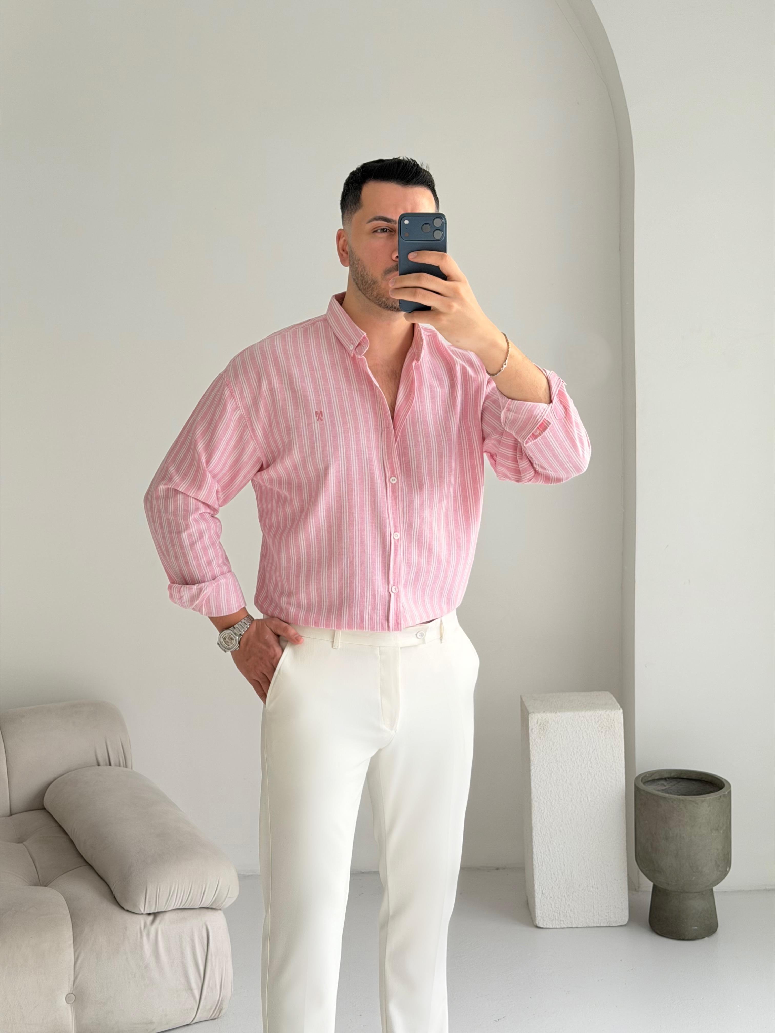 Majou Pudra Çizgili Oversize Keten Gömlek 