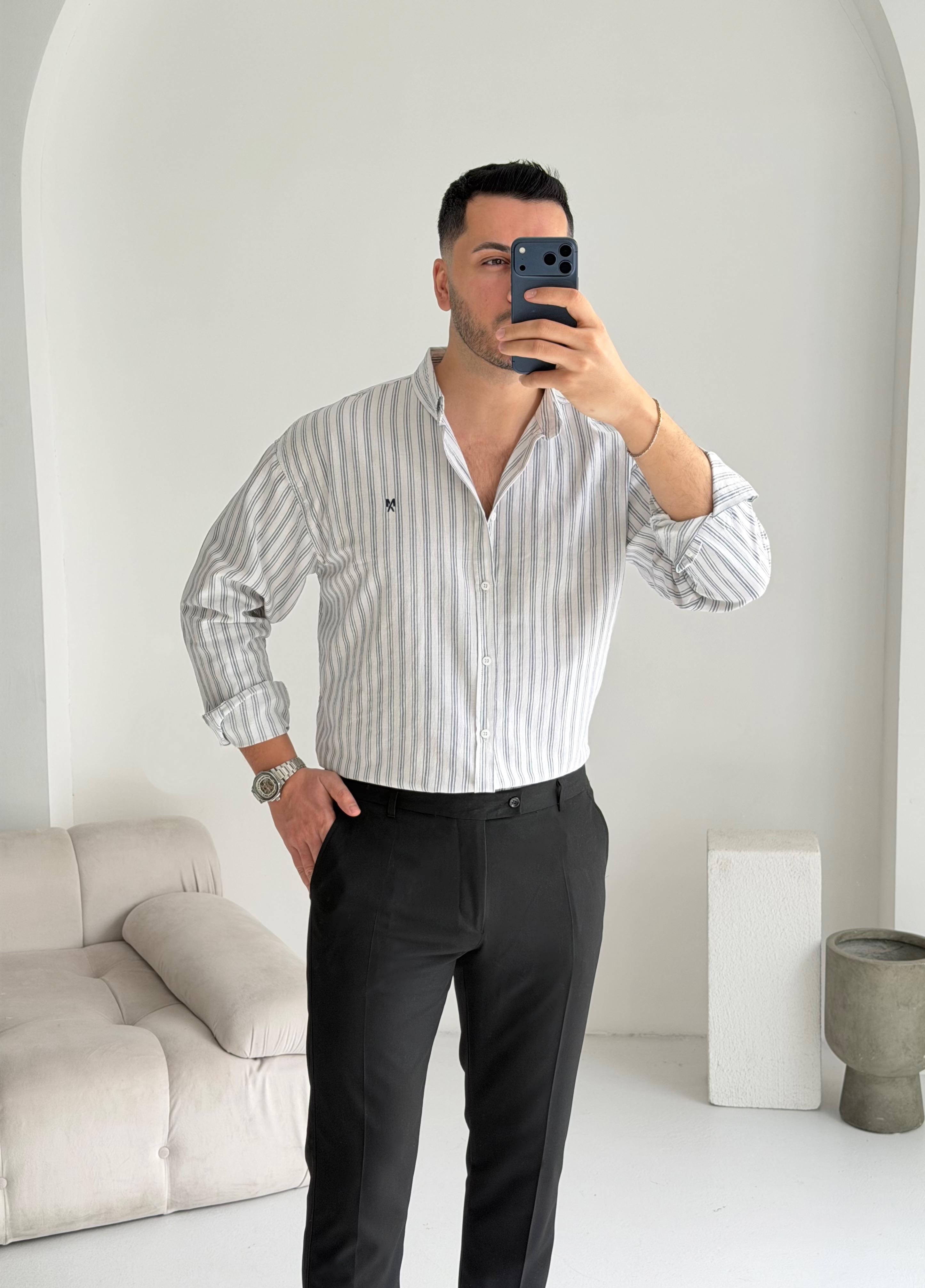 Majou Siyah Çizgili Oversize Keten Gömlek 