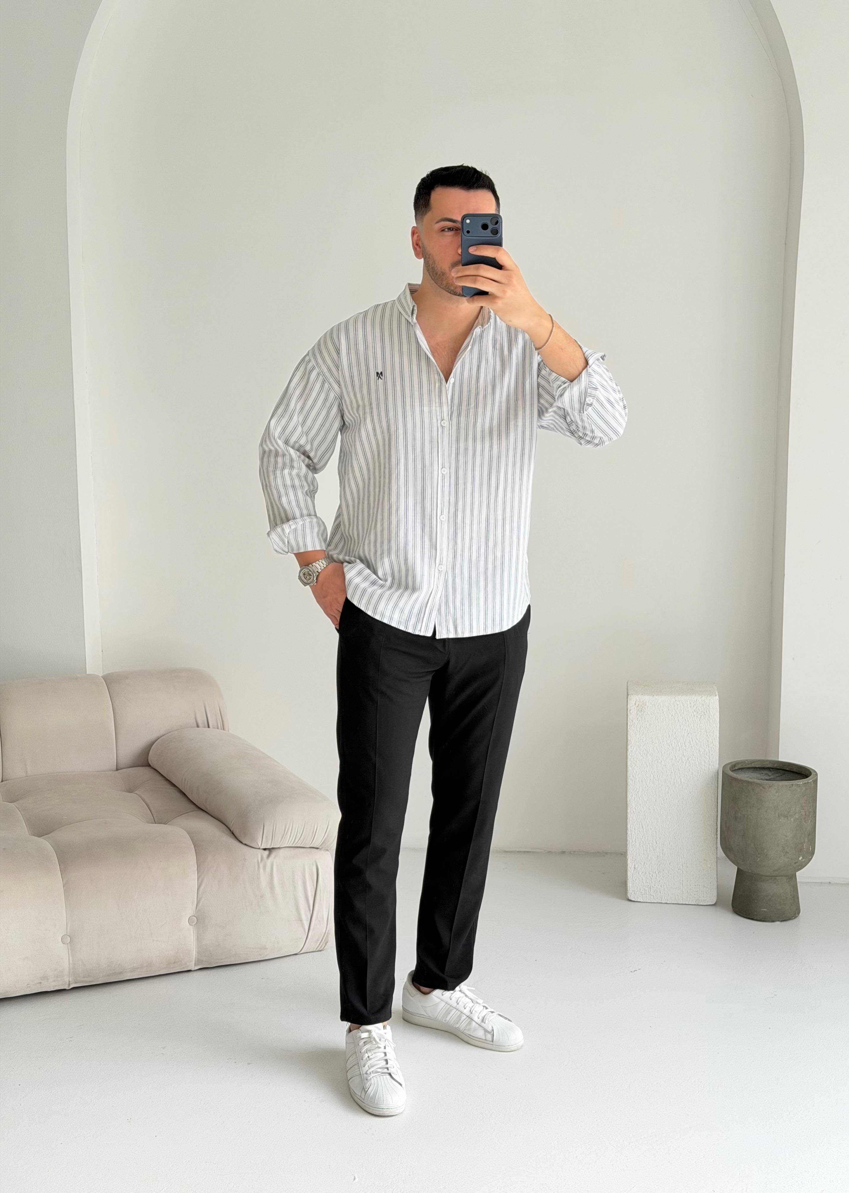 Majou Siyah Çizgili Oversize Keten Gömlek 