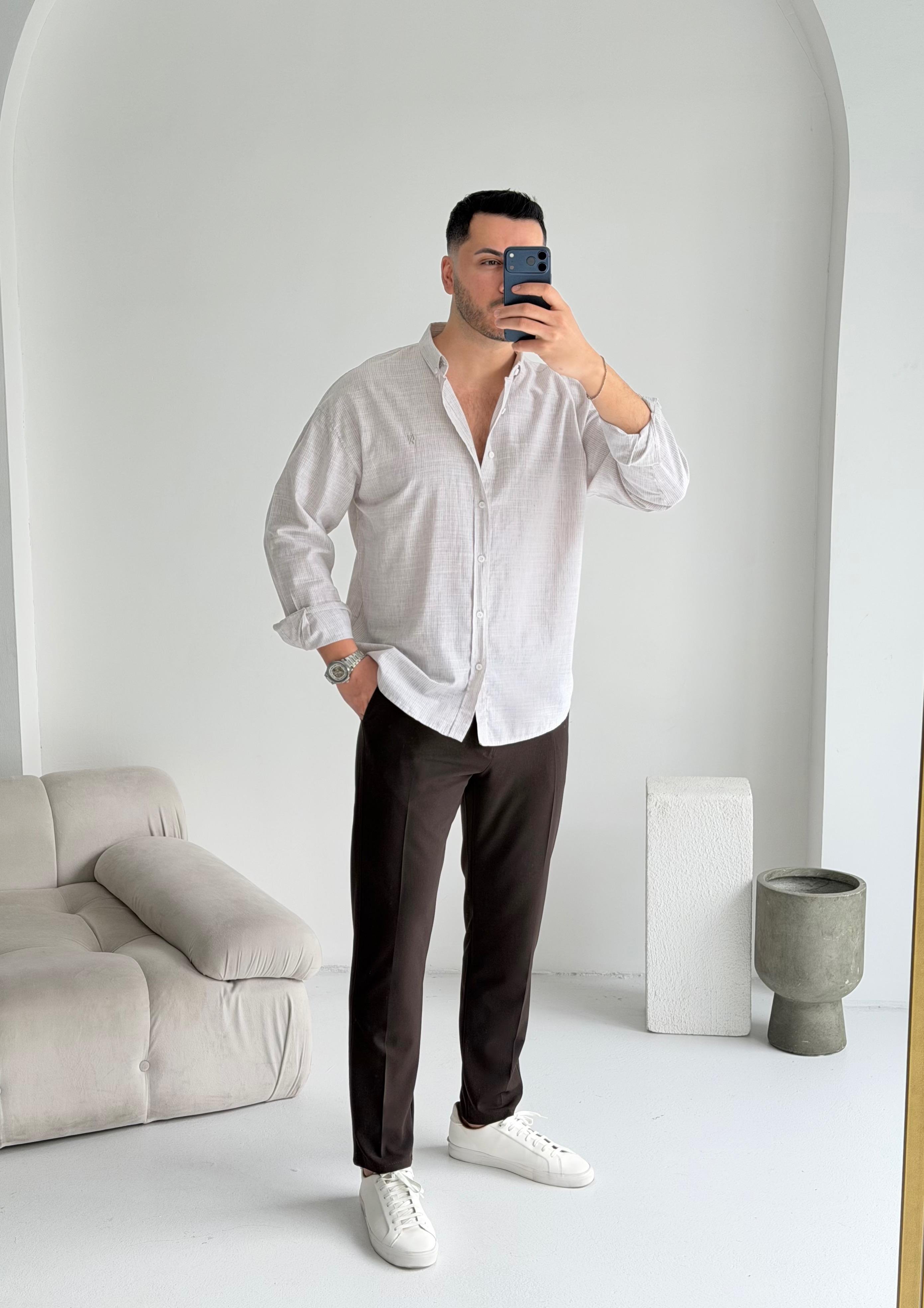 Makeba Bej Oversize Pamuk Gömlek 