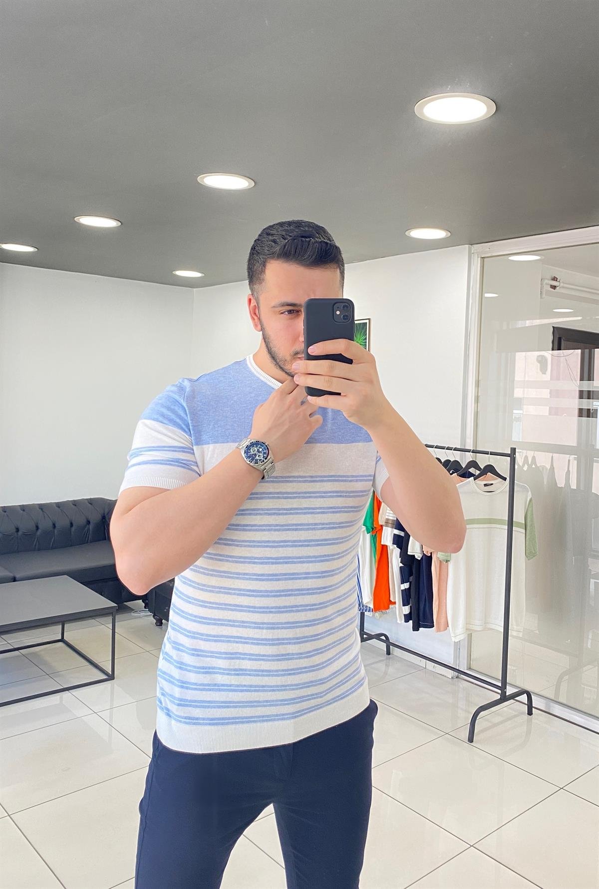 Mavi Çizgili Örme Triko Tişört