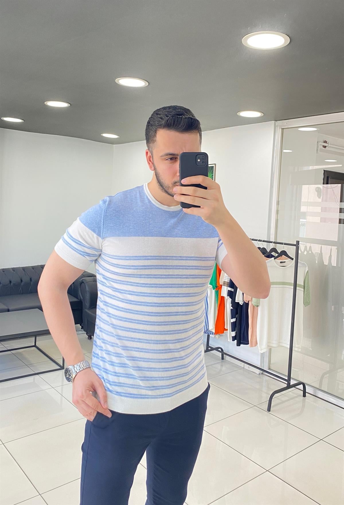 Mavi Çizgili Örme Triko Tişört