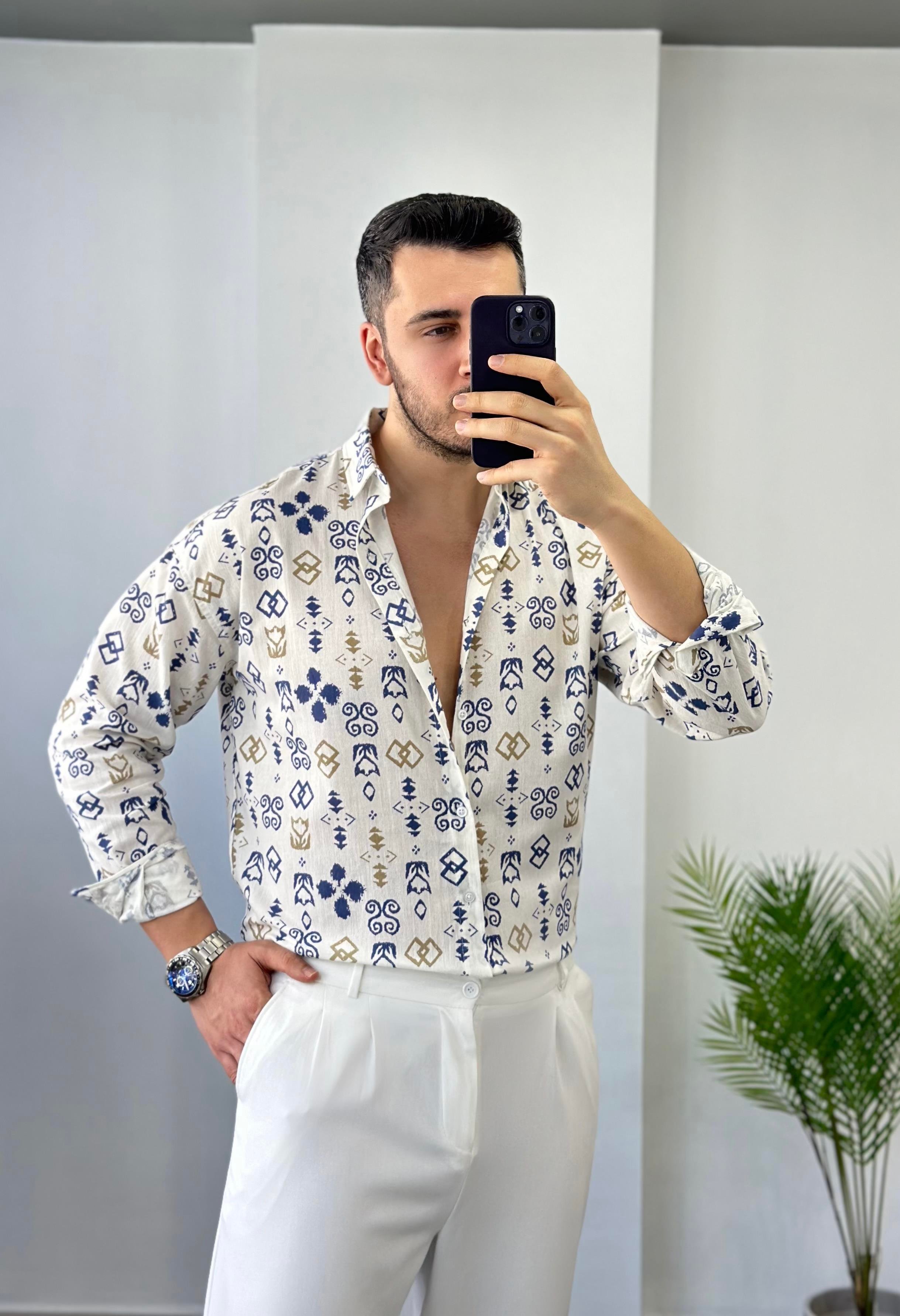 Mavi Desen Oversize Keten Gömlek