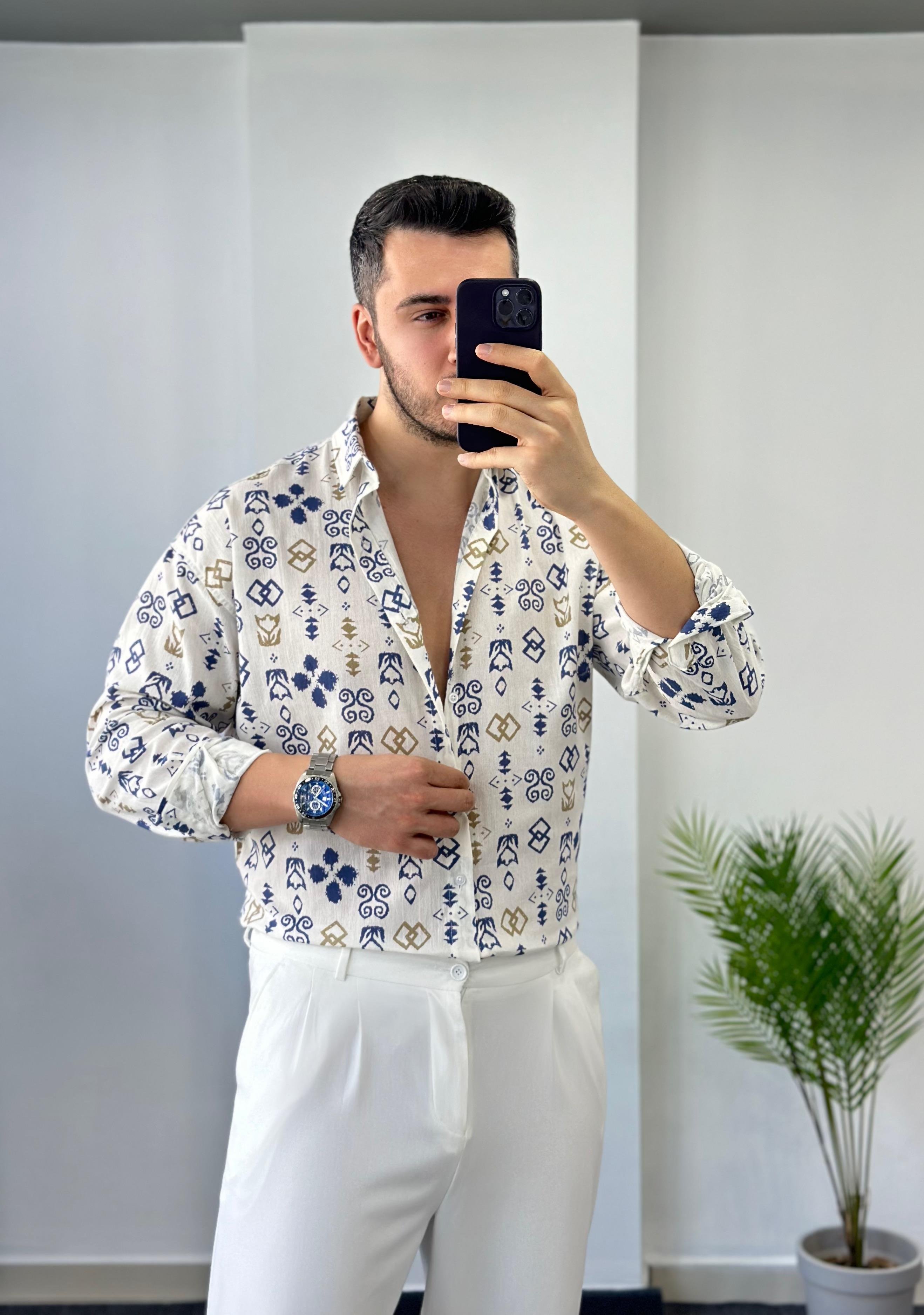 Mavi Desen Oversize Keten Gömlek