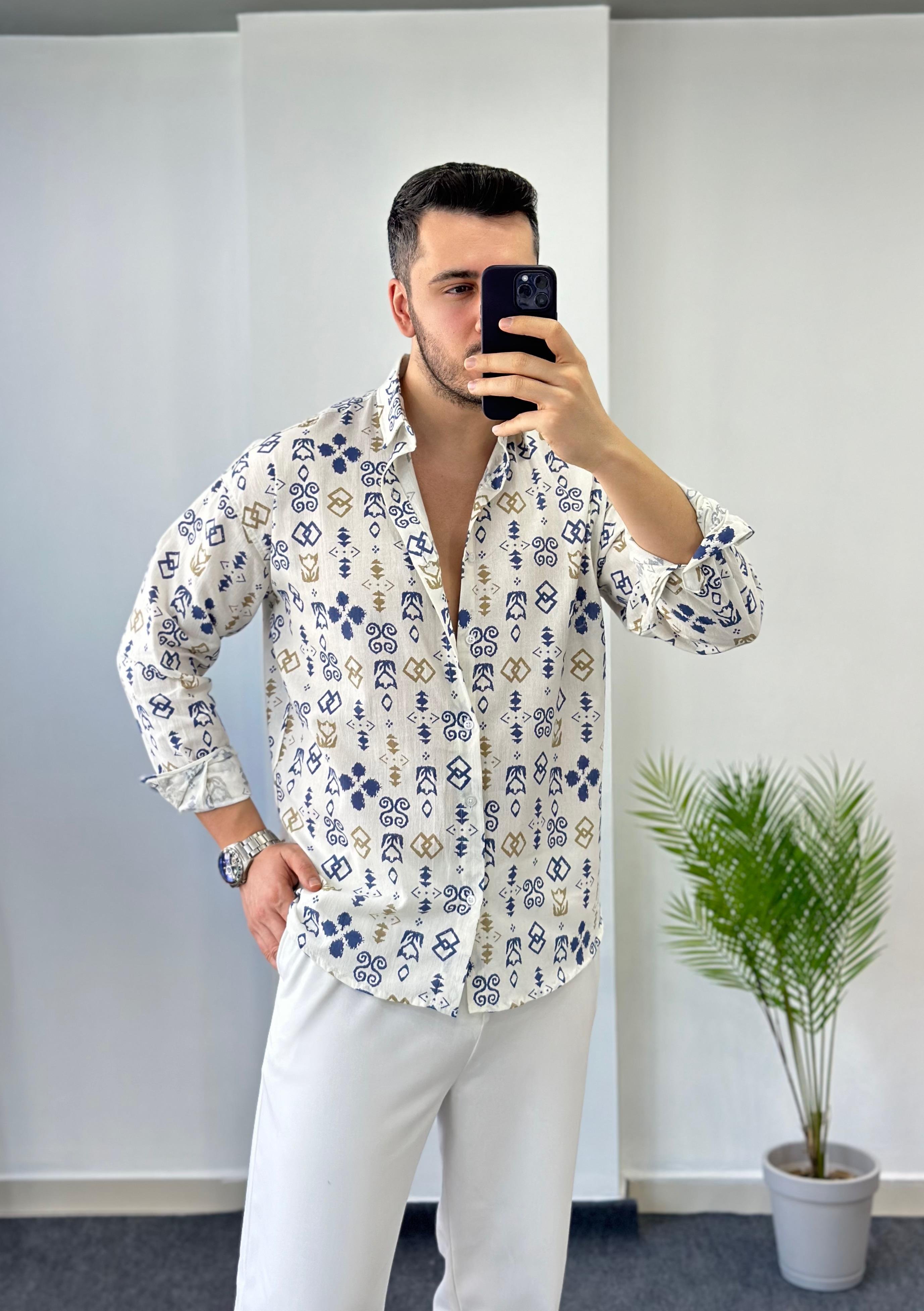 Mavi Desen Oversize Keten Gömlek