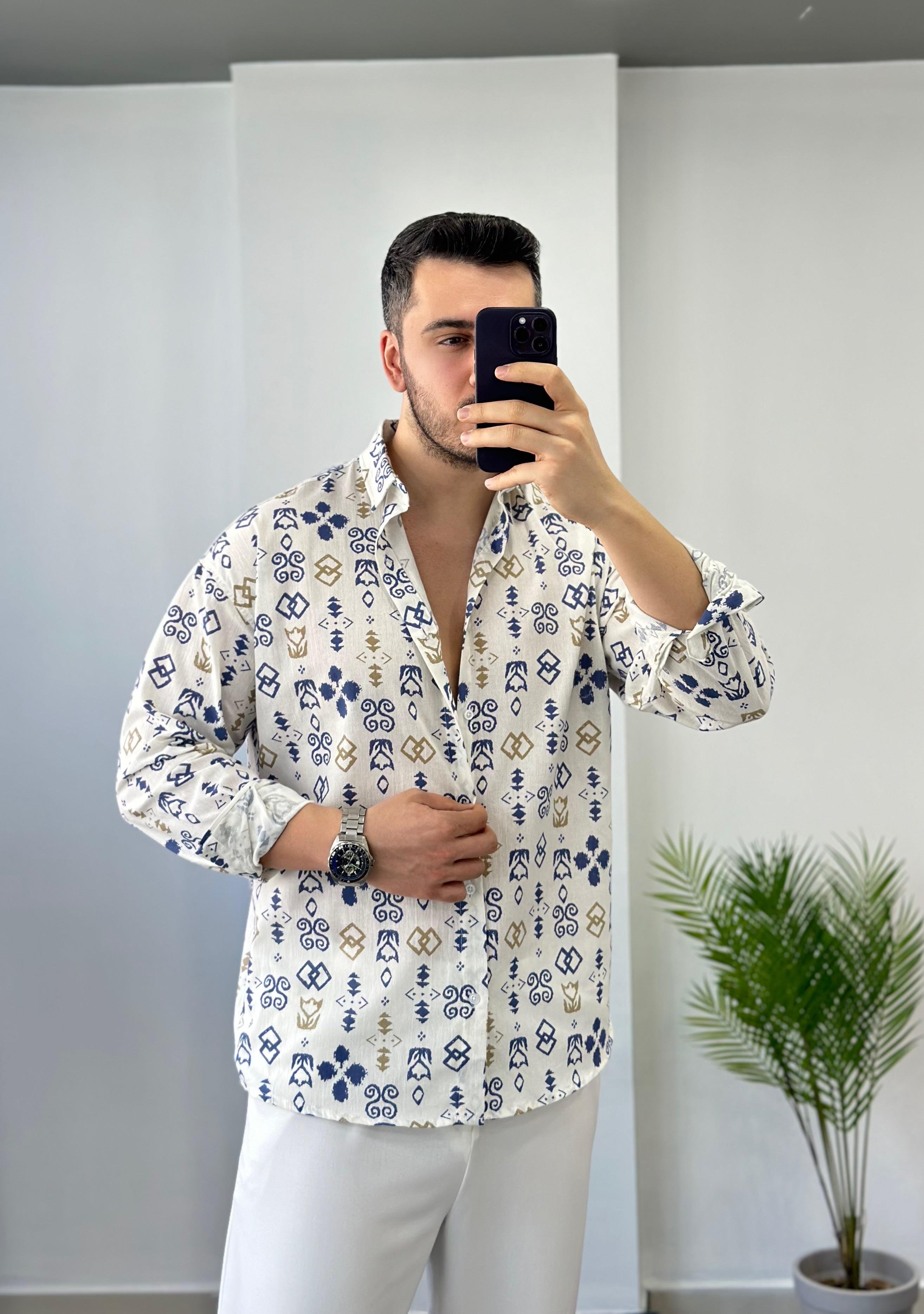 Mavi Desen Oversize Keten Gömlek