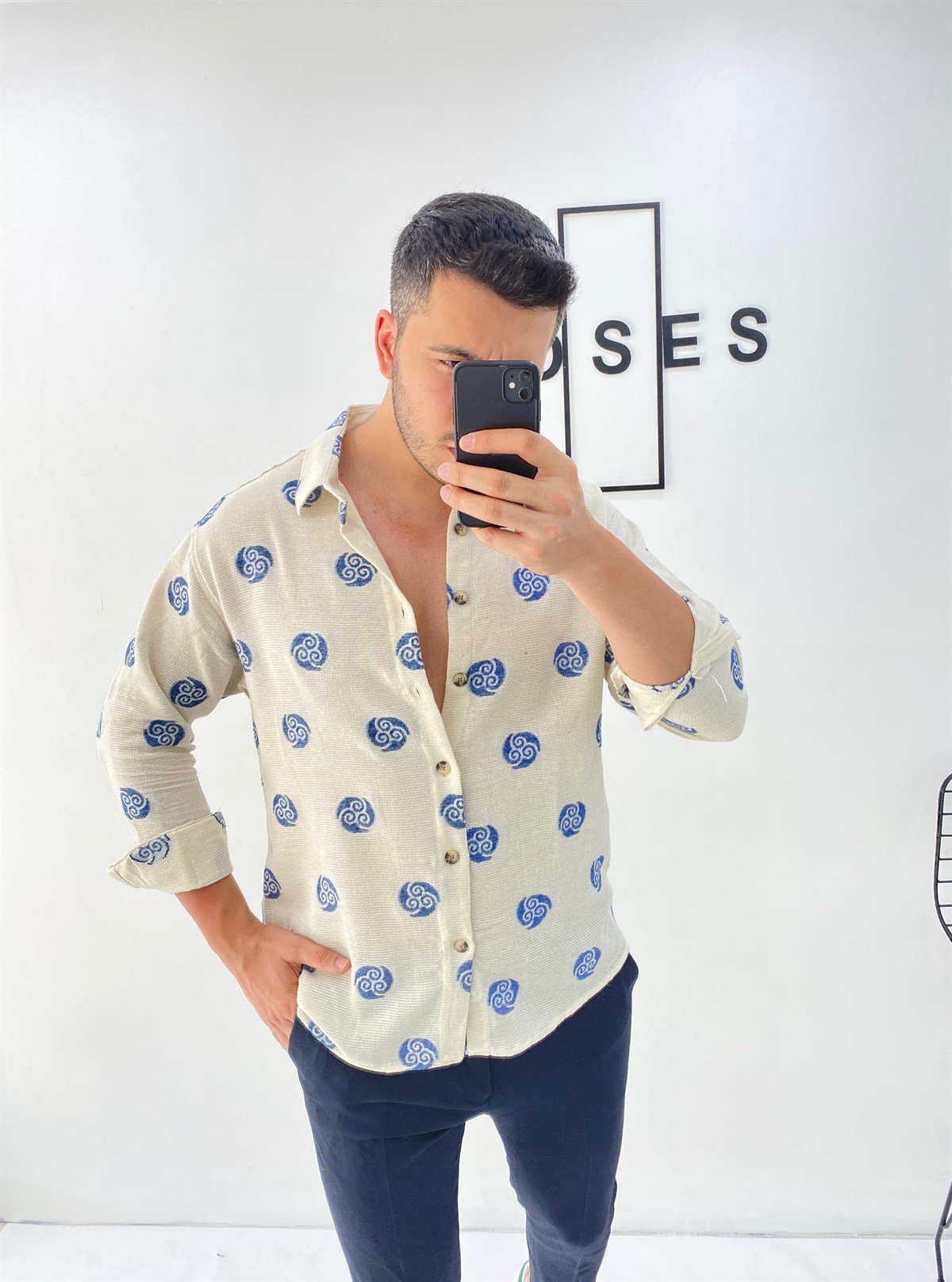 Mavi Desenli Oversize Keten Gömlek 