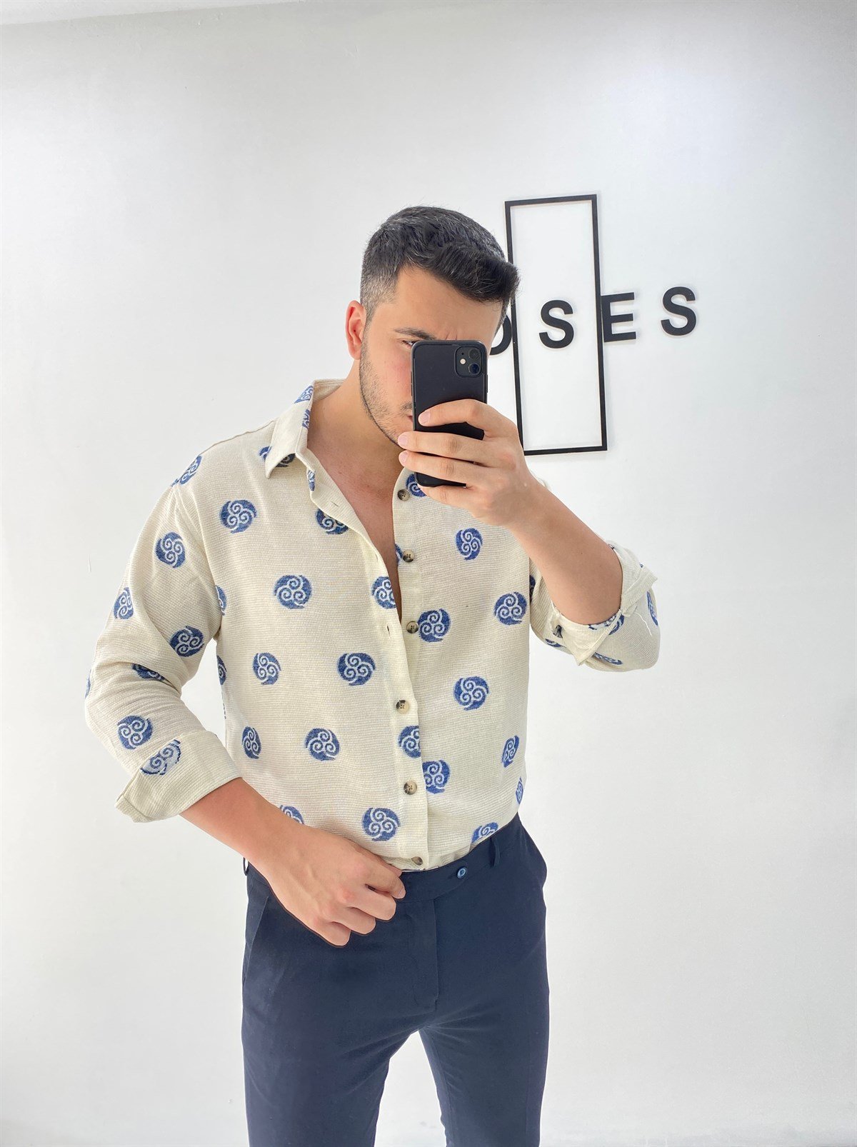 Mavi Desenli Oversize Keten Gömlek 