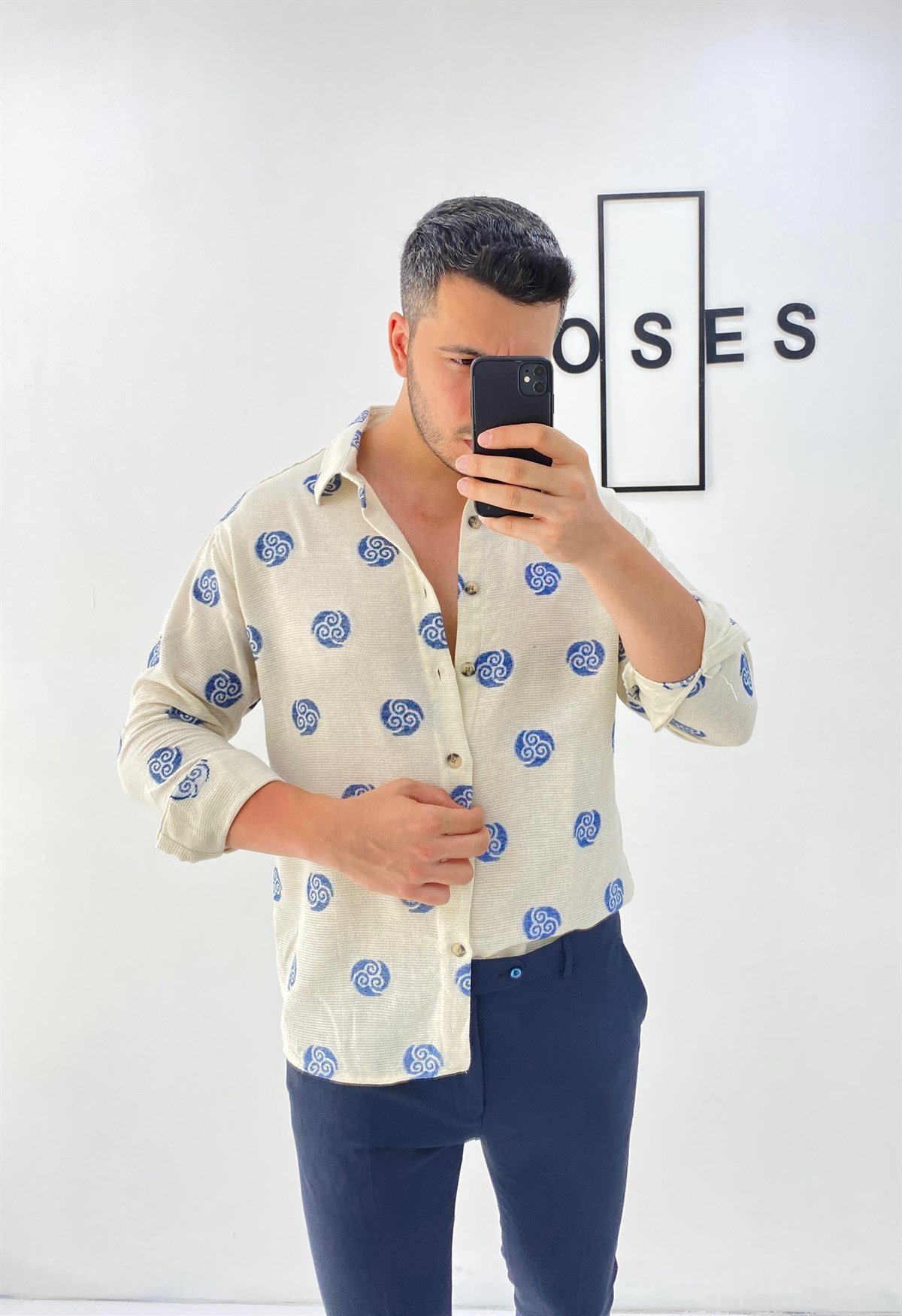 Mavi Desenli Oversize Keten Gömlek 