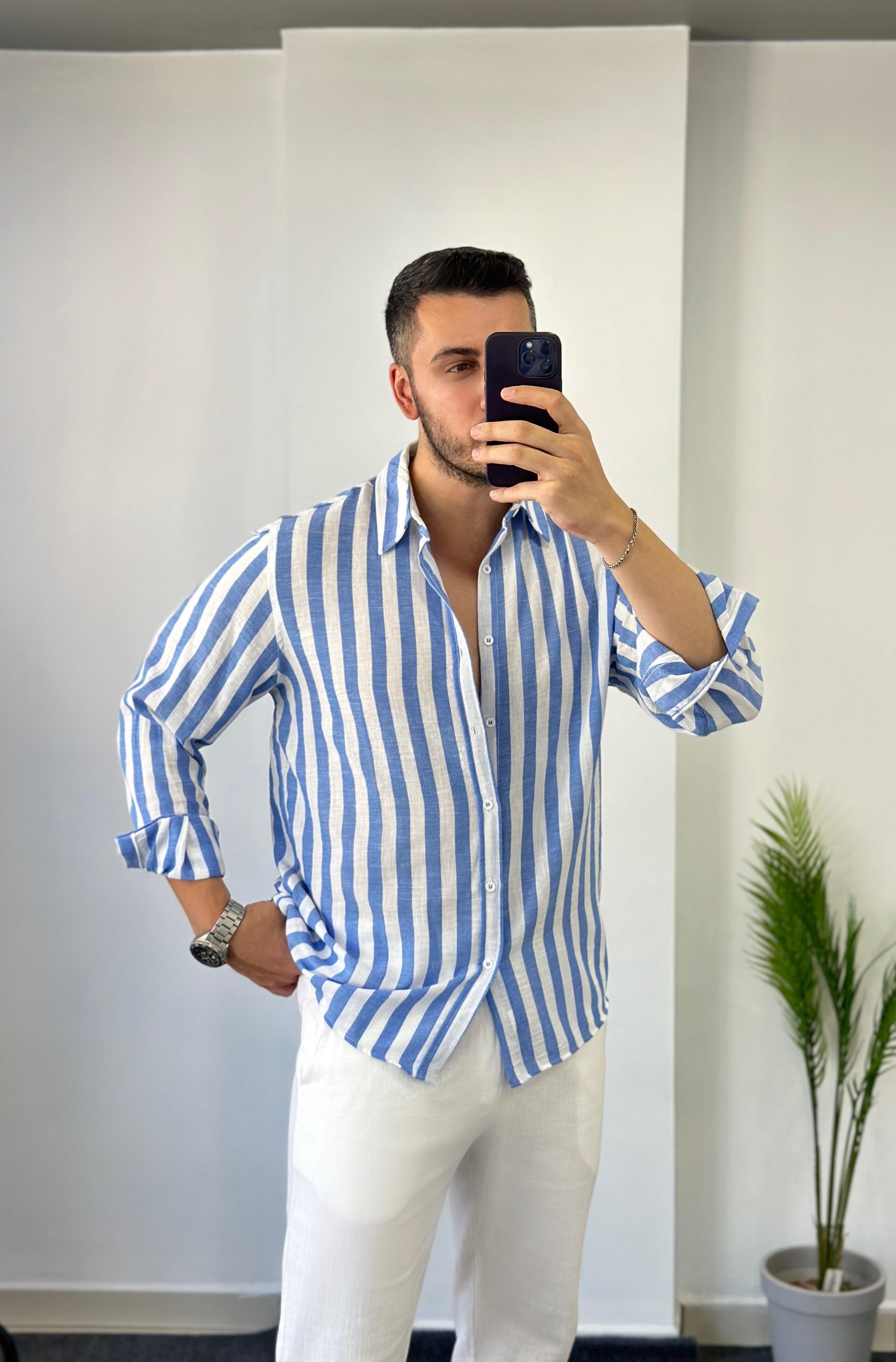 Mavi Geniş Çizgi Oversize Keten Gömlek 