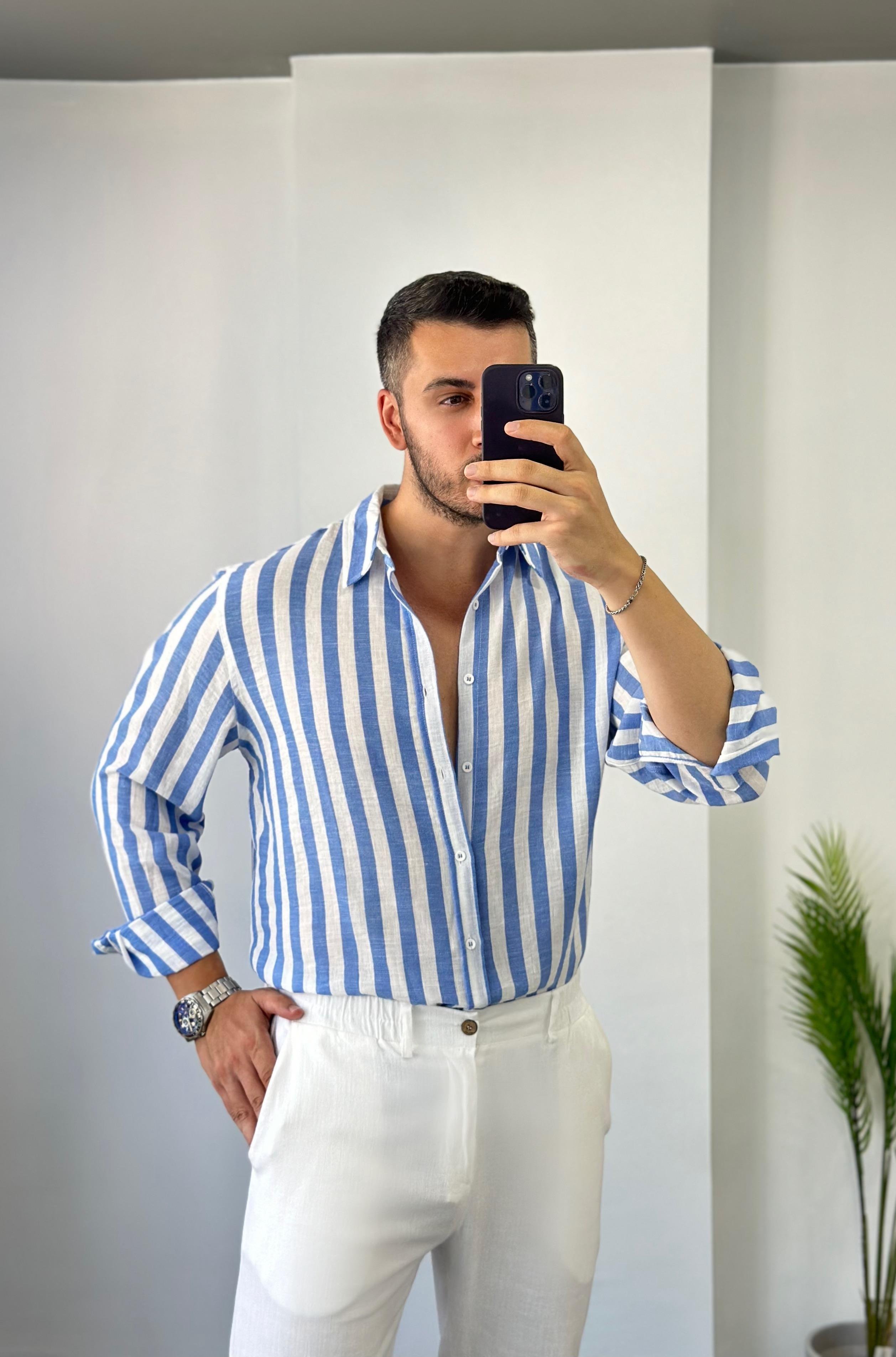 Mavi Geniş Çizgi Oversize Keten Gömlek 