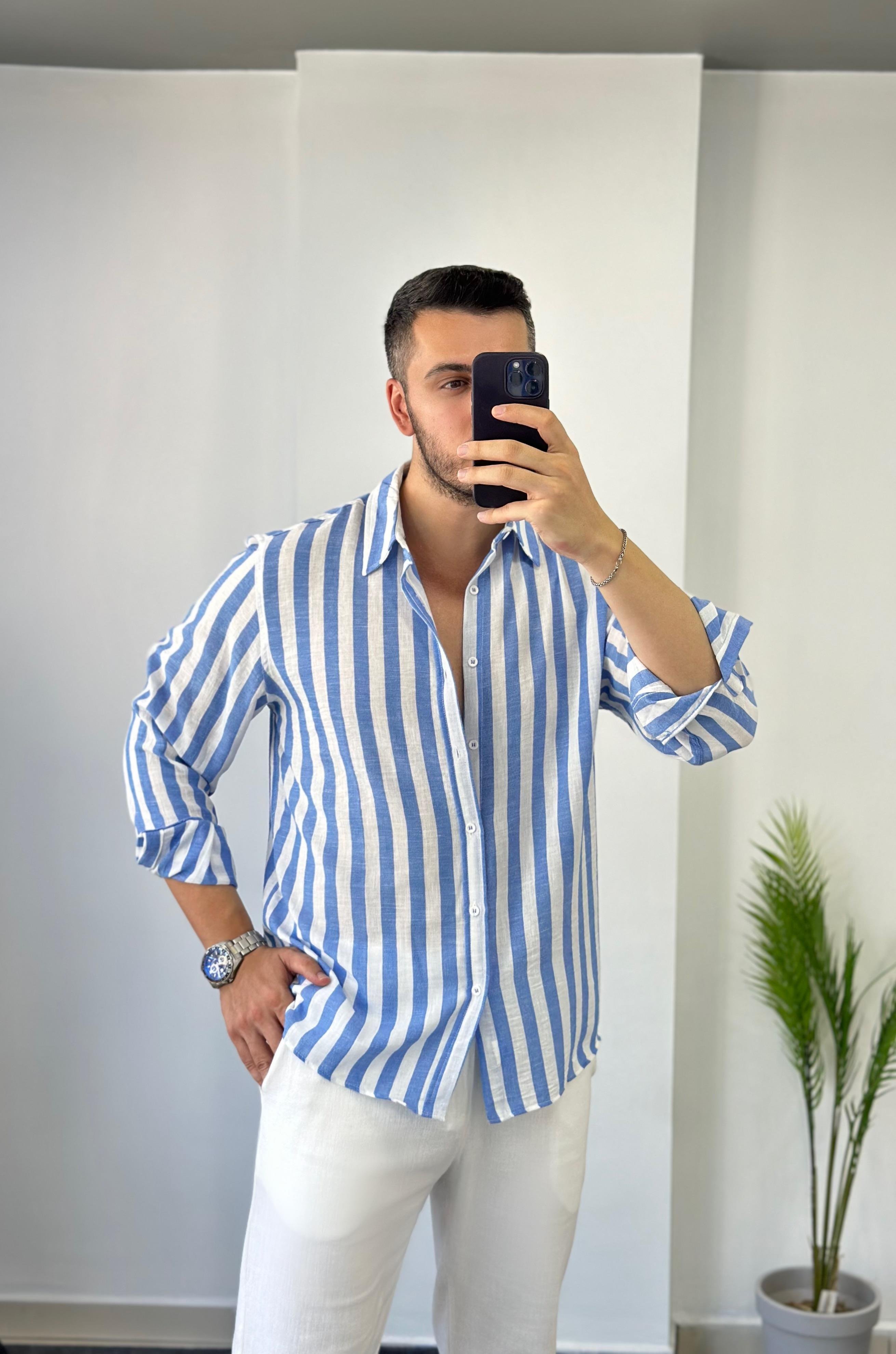 Mavi Geniş Çizgi Oversize Keten Gömlek 