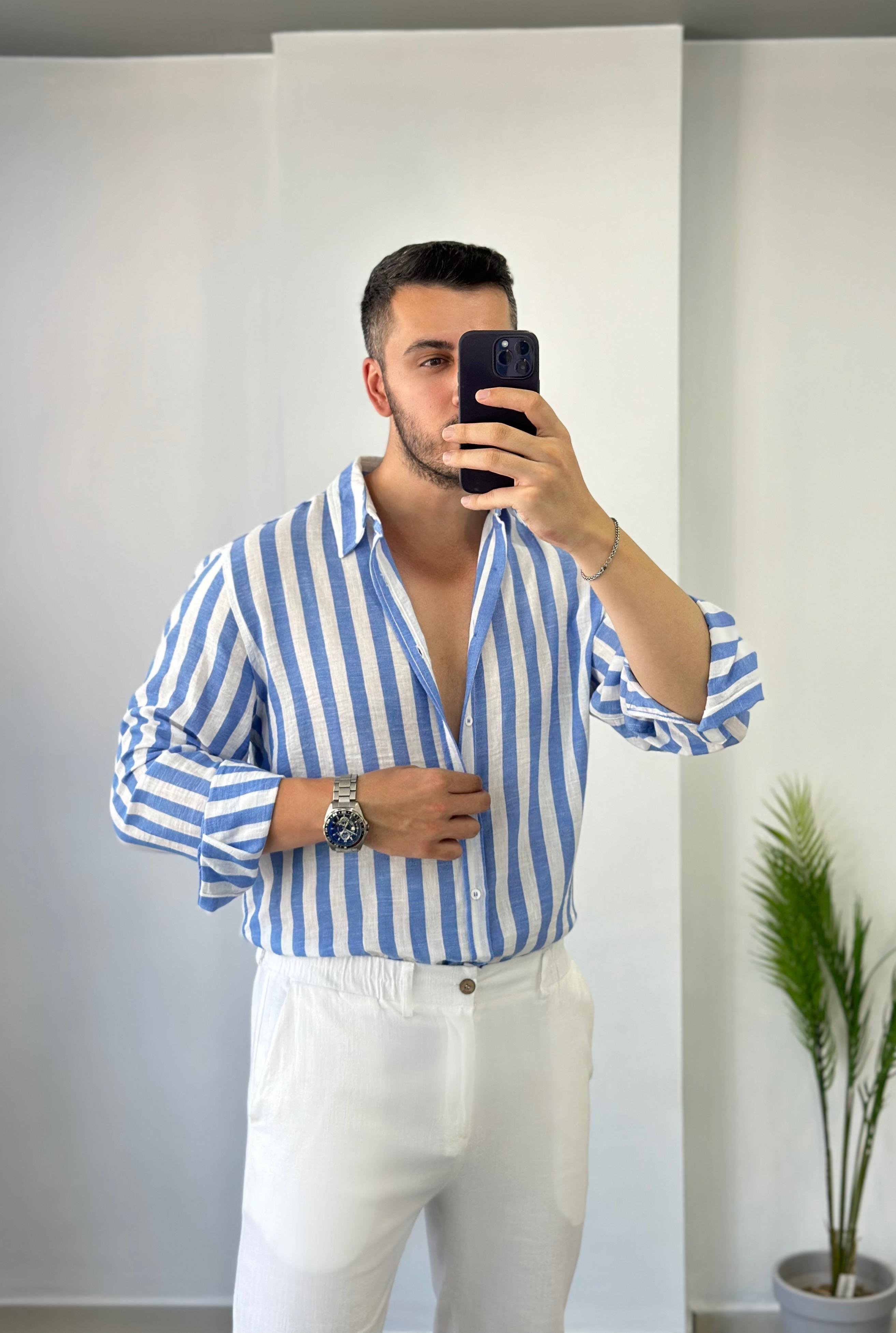 Mavi Geniş Çizgi Oversize Keten Gömlek 