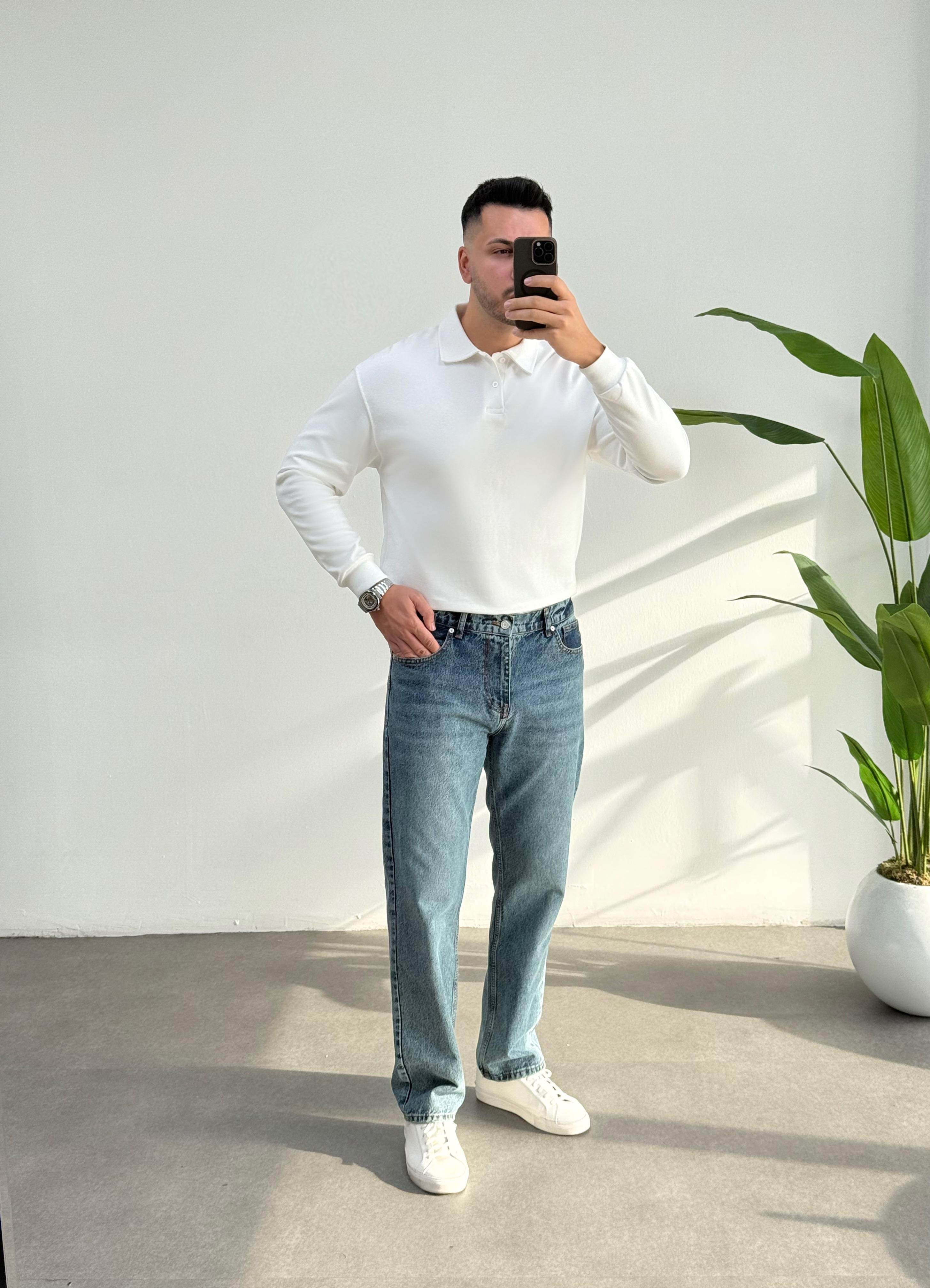 Merlin Polo Yaka Beyaz Sweat