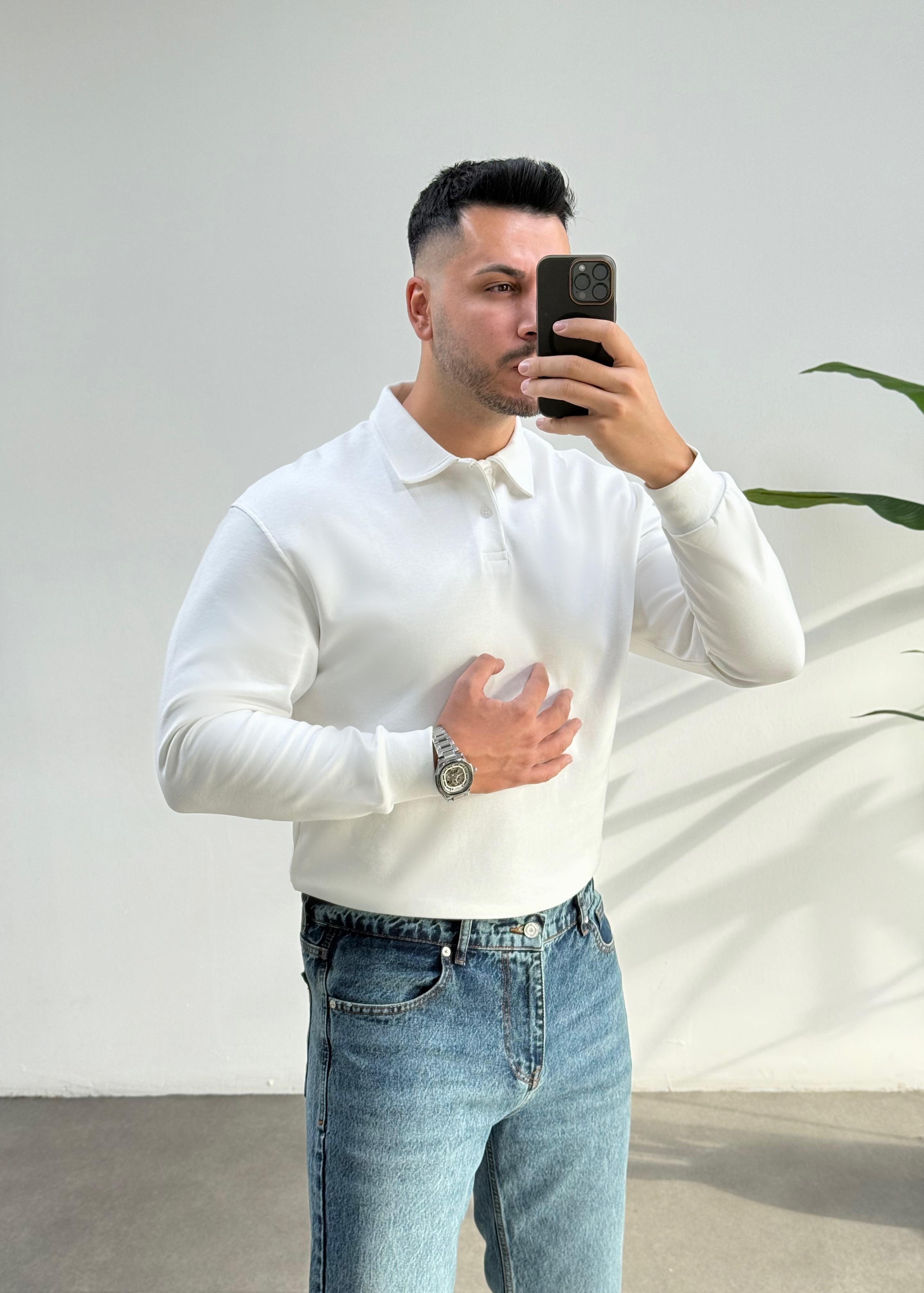 Merlin Polo Yaka Beyaz Sweat