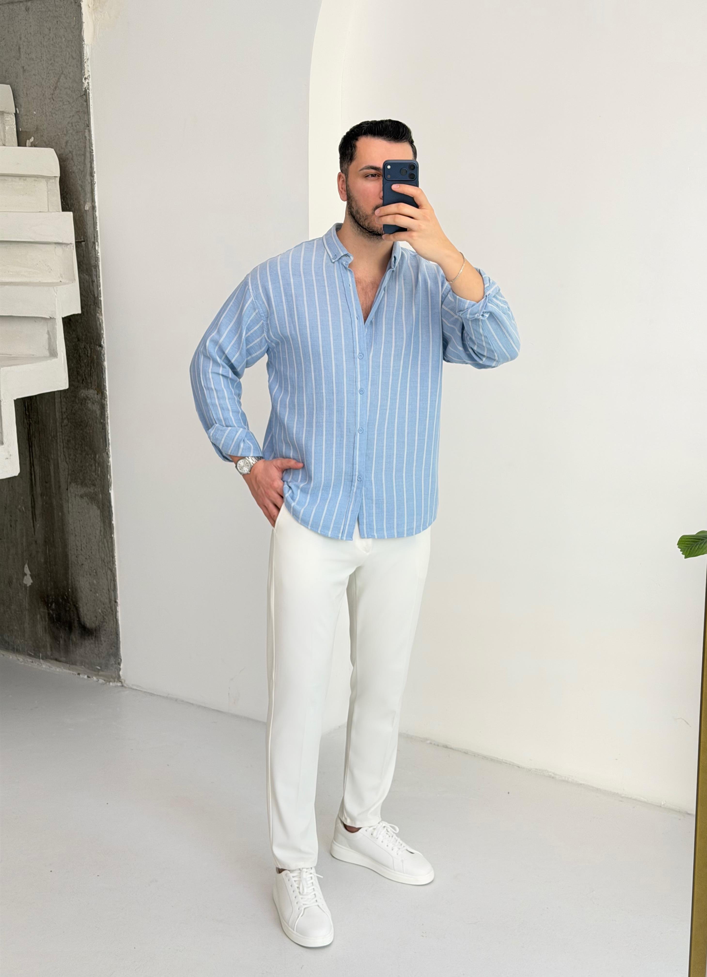 Minimal Çizgili Açık Mavi Oversize Müslin Gömlek