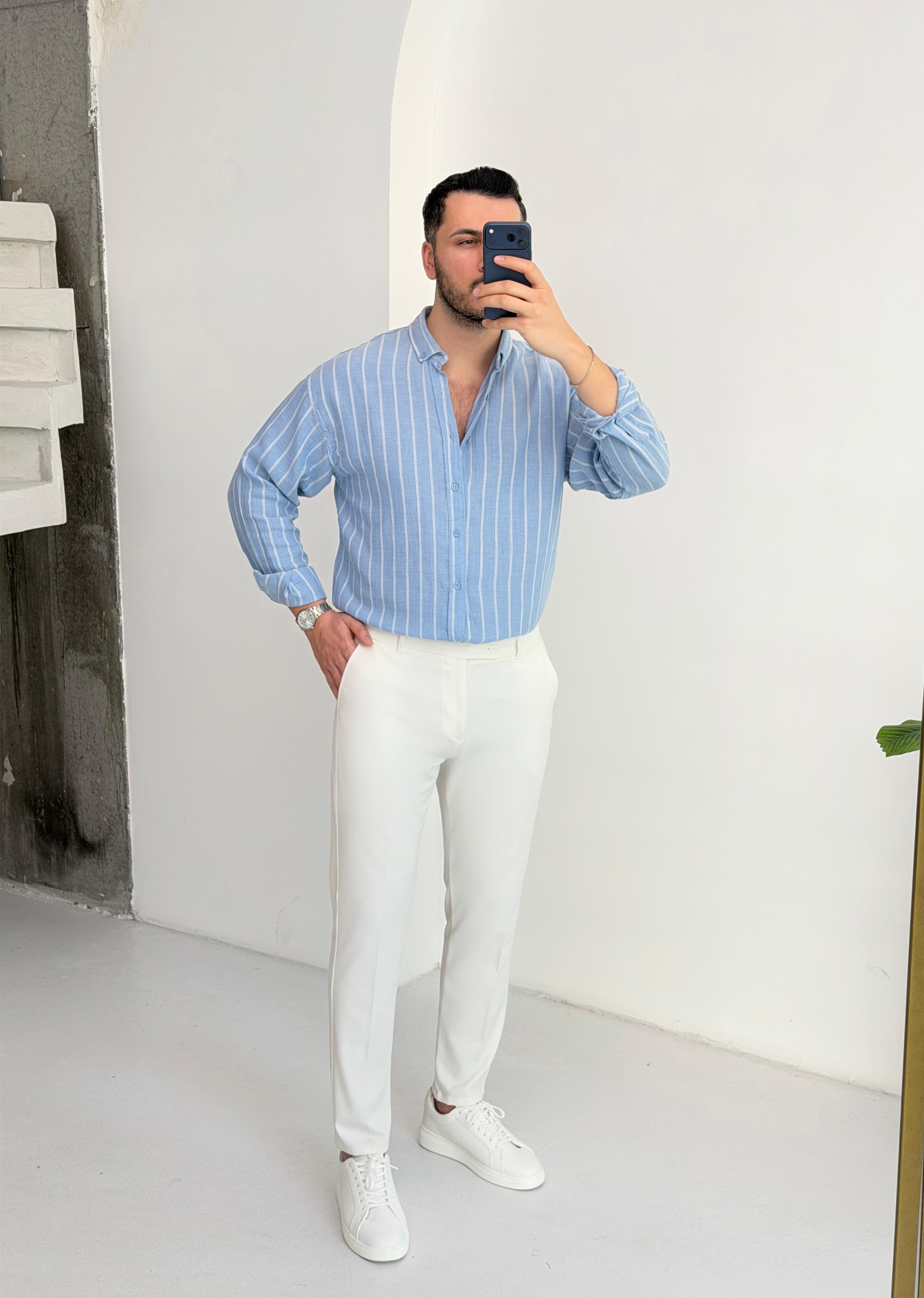 Minimal Çizgili Açık Mavi Oversize Müslin Gömlek