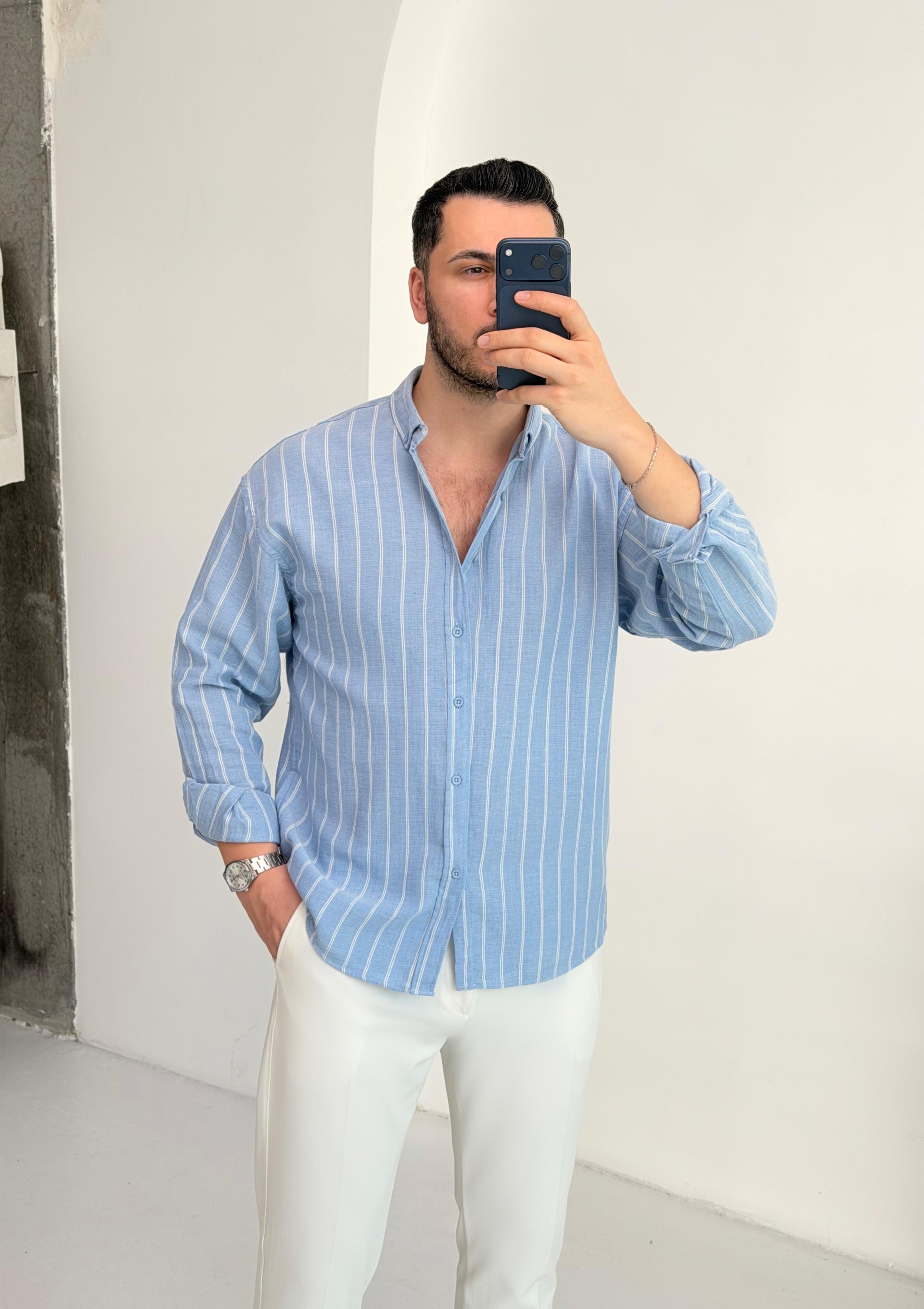 Minimal Çizgili Açık Mavi Oversize Müslin Gömlek
