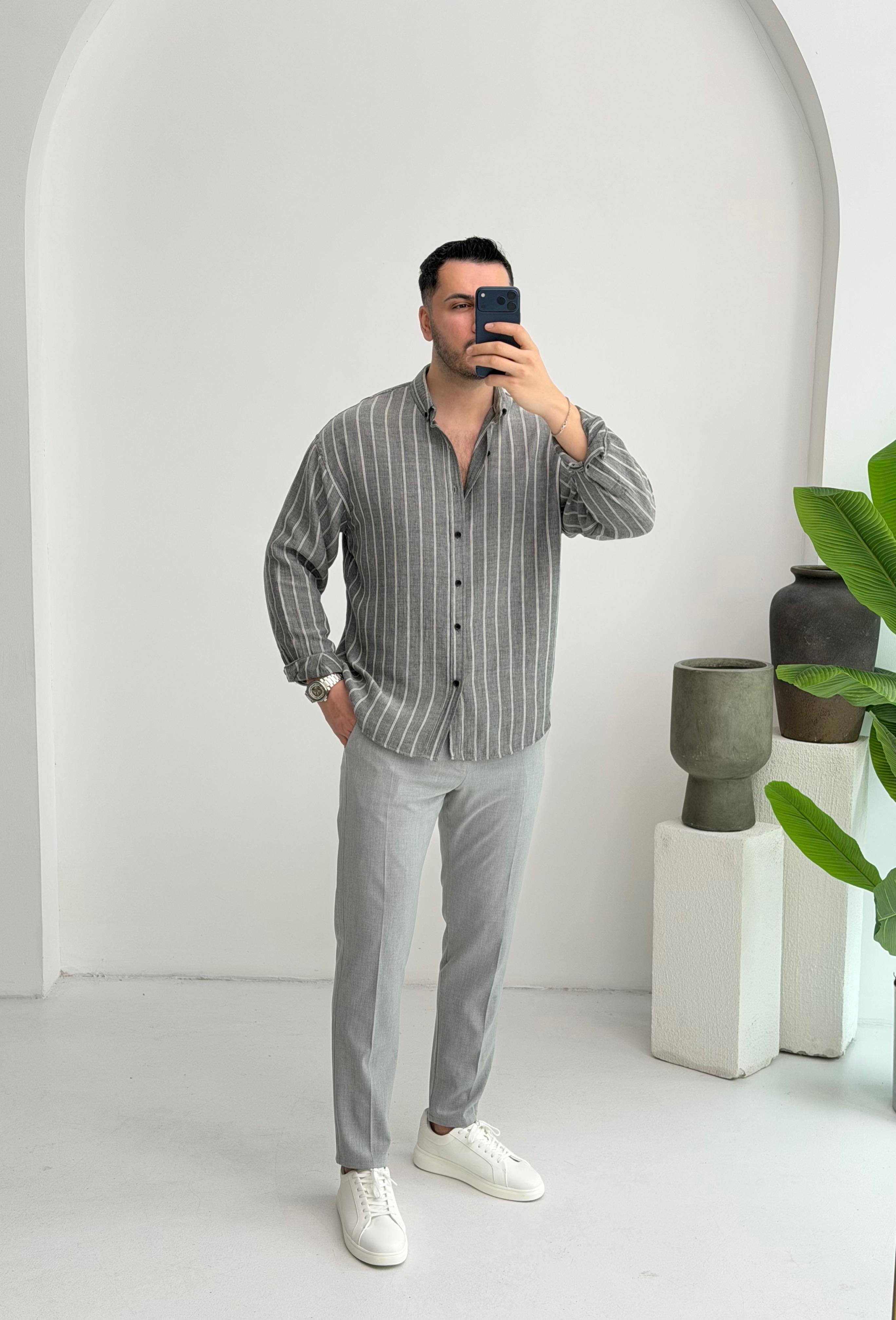 Minimal Çizgili Gri Oversize Müslin Gömlek