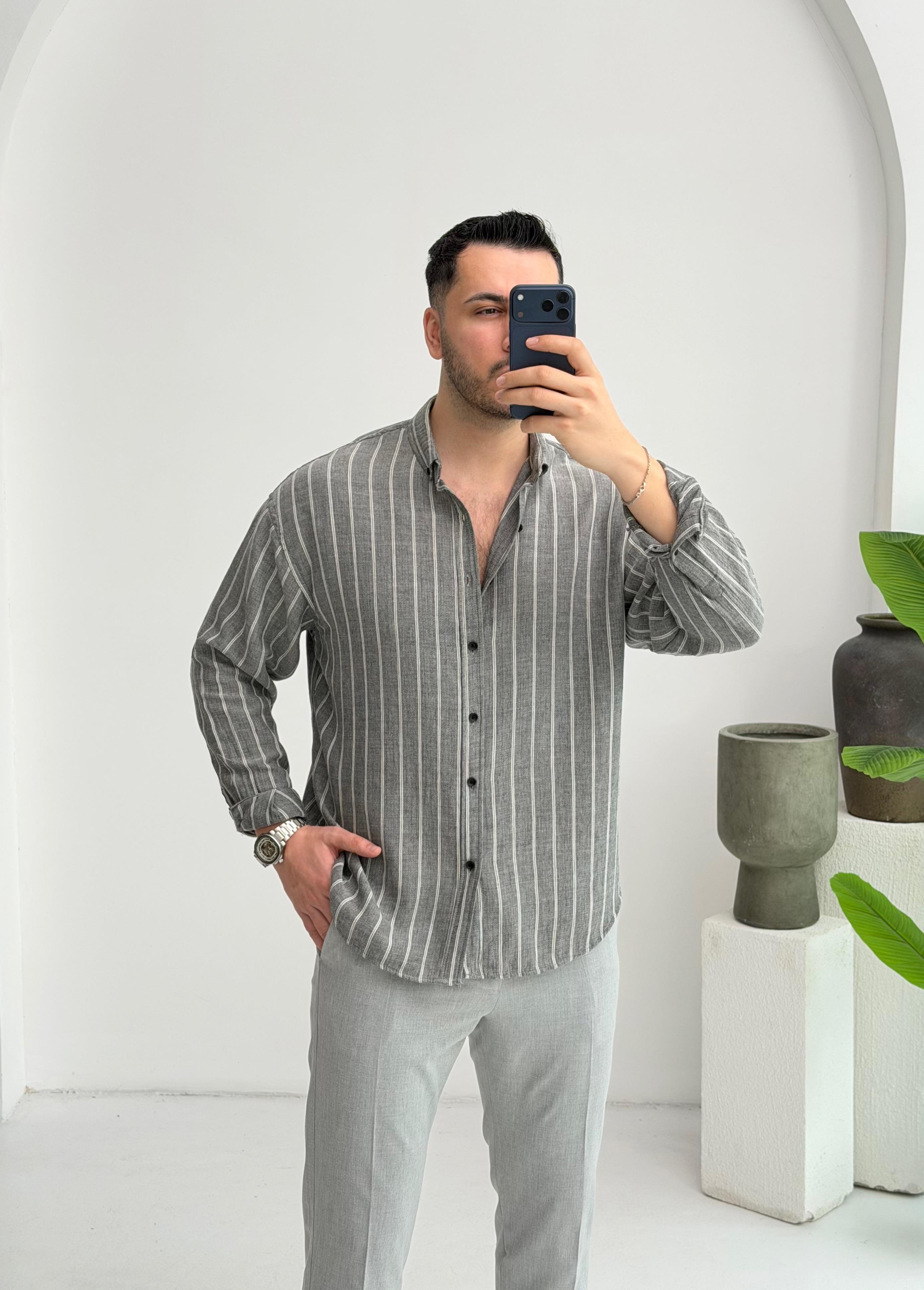 Minimal Çizgili Gri Oversize Müslin Gömlek
