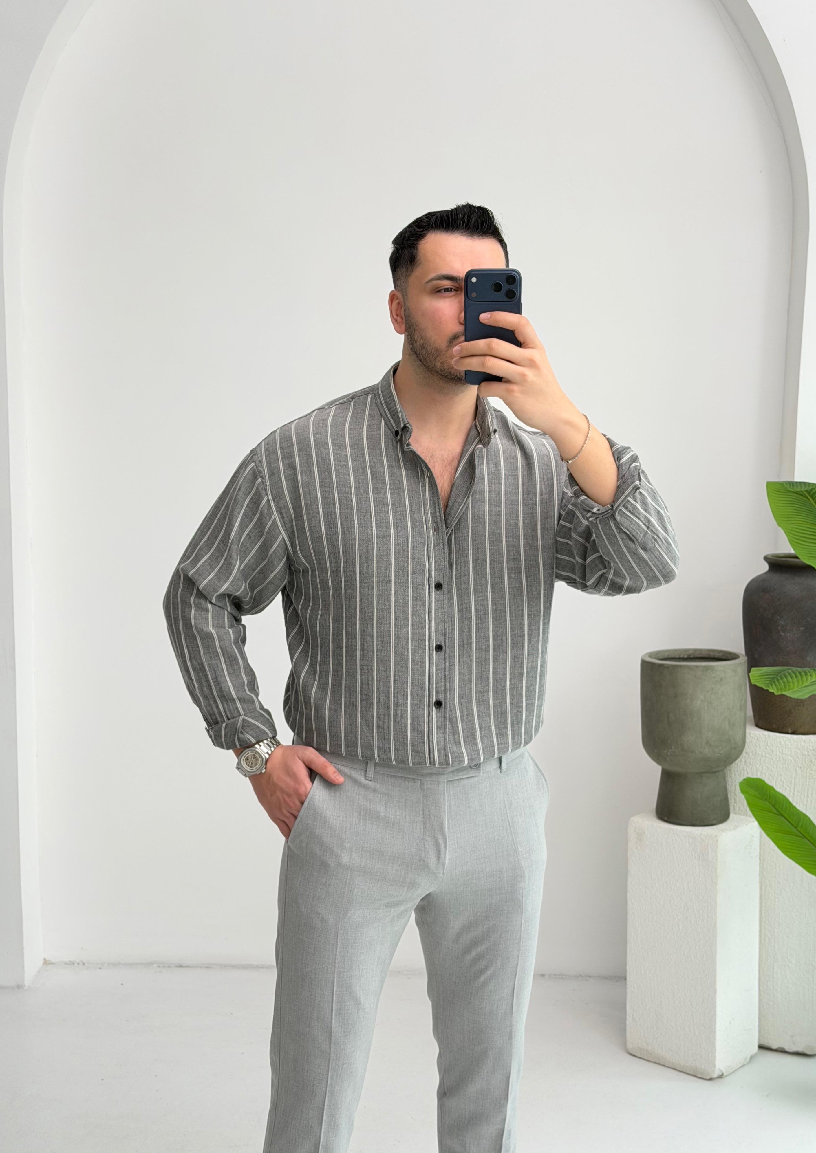 Minimal Çizgili Gri Oversize Müslin Gömlek